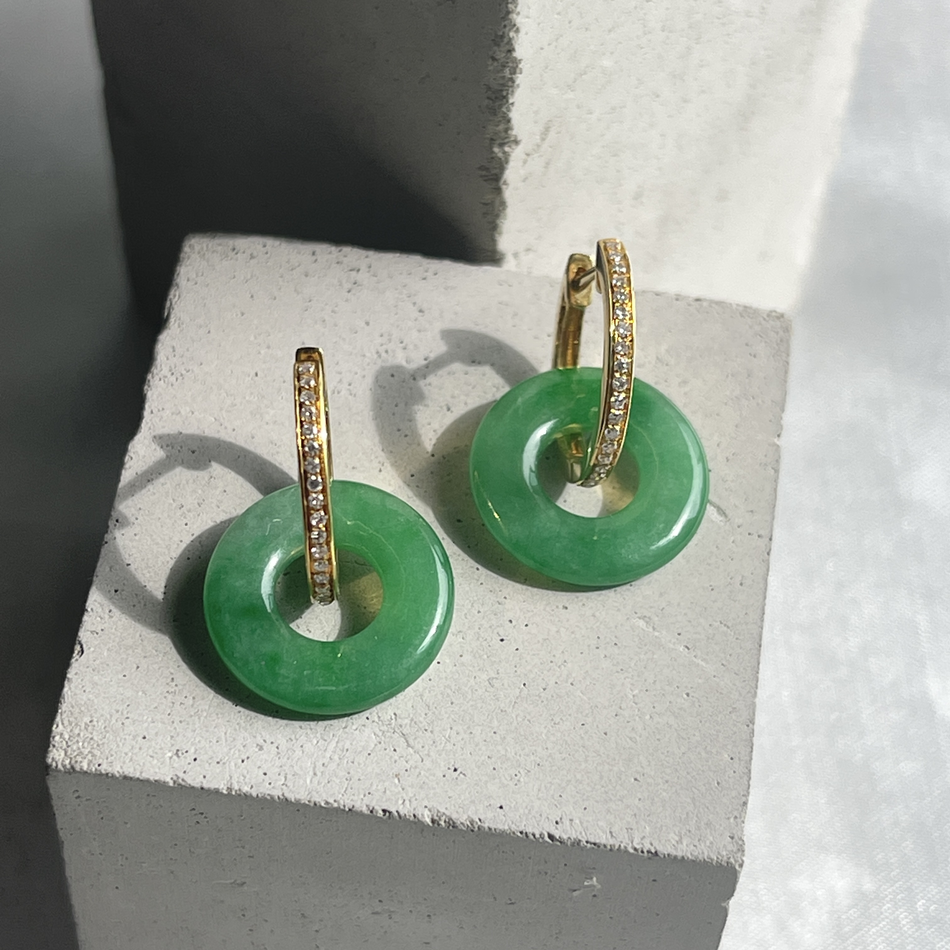 18K Gold Hoops Green Donuts Jadeite Earrings (PJA00149)