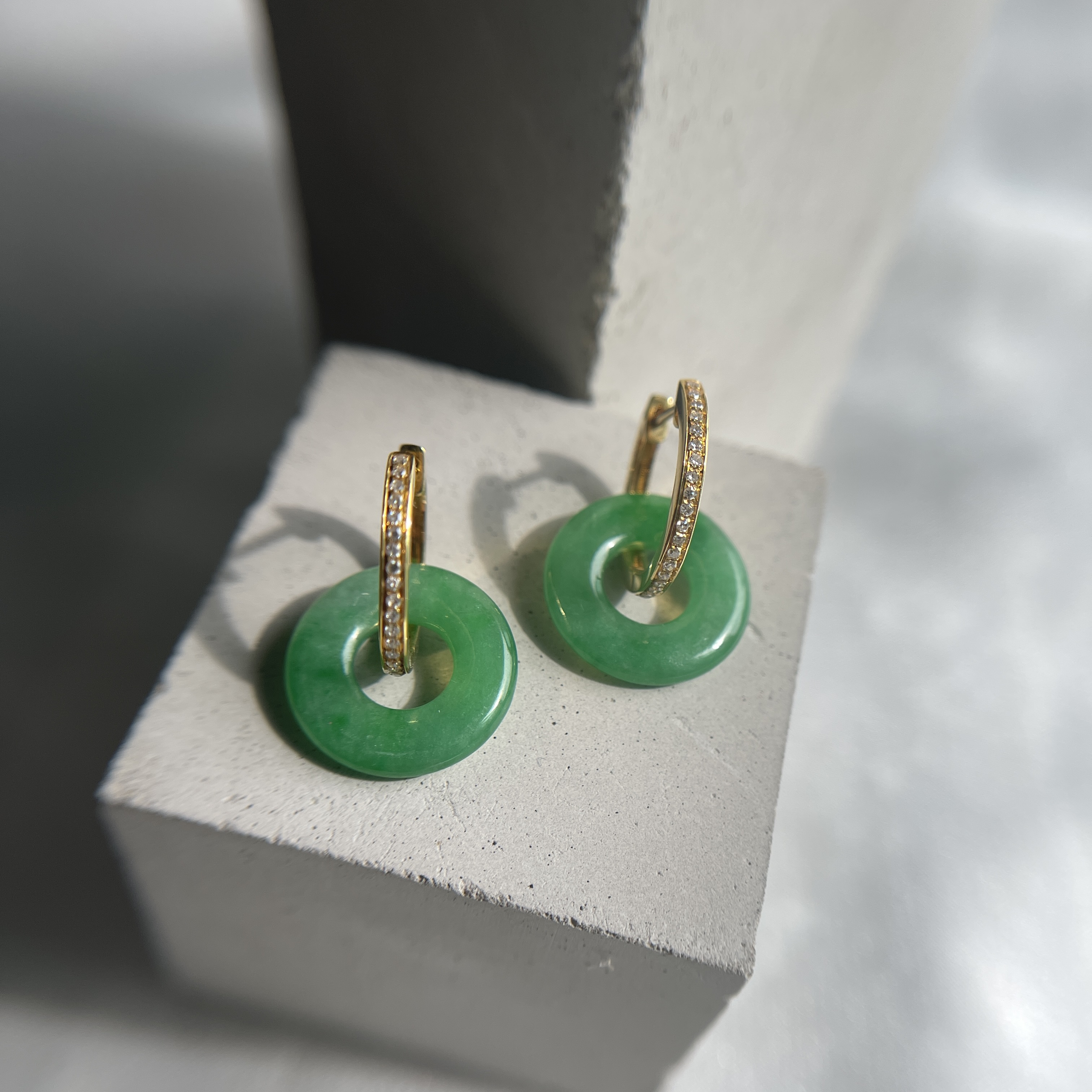 18K Gold Hoops Green Donuts Jadeite Earrings (PJA00149)