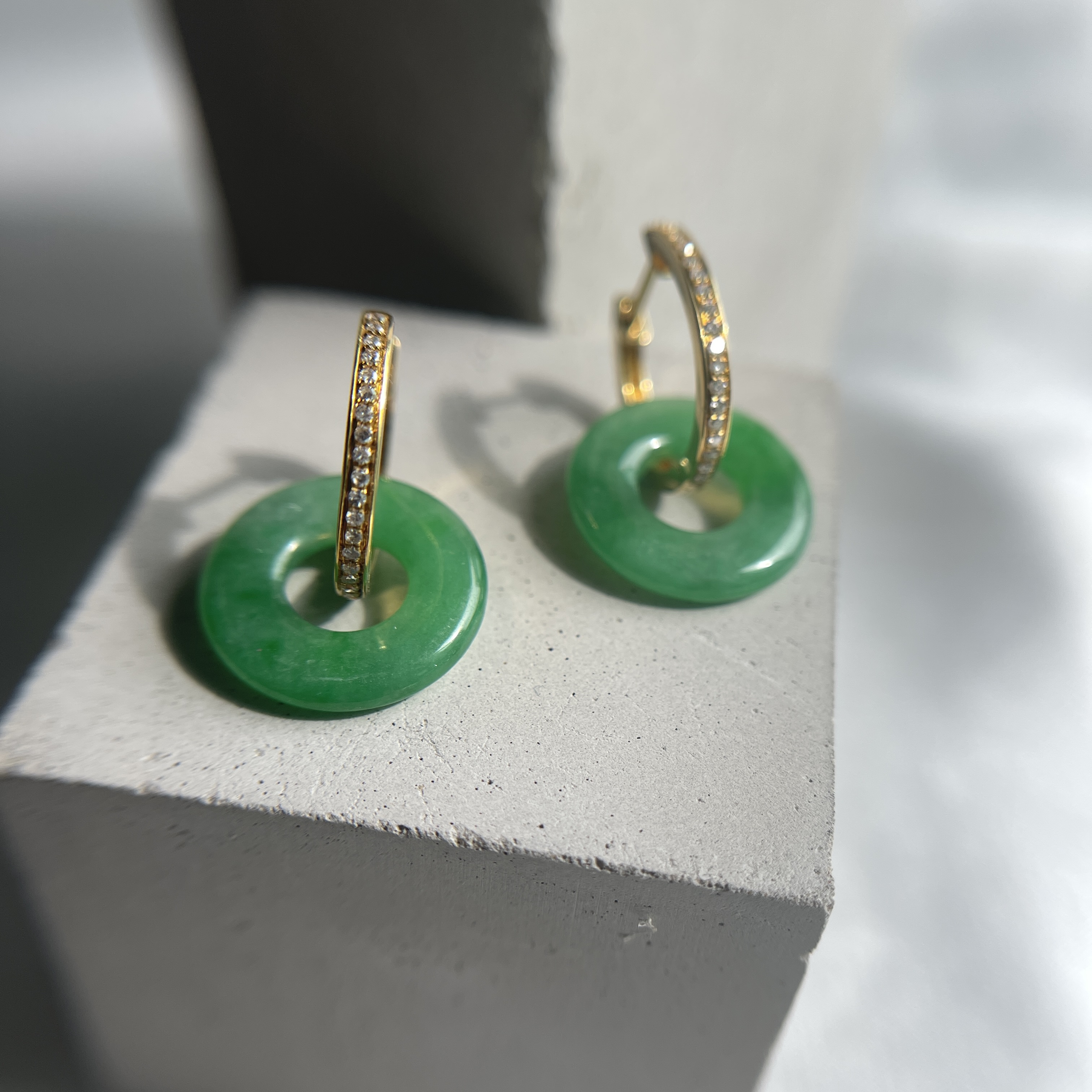 18K Gold Hoops Green Donuts Jadeite Earrings (PJA00149)