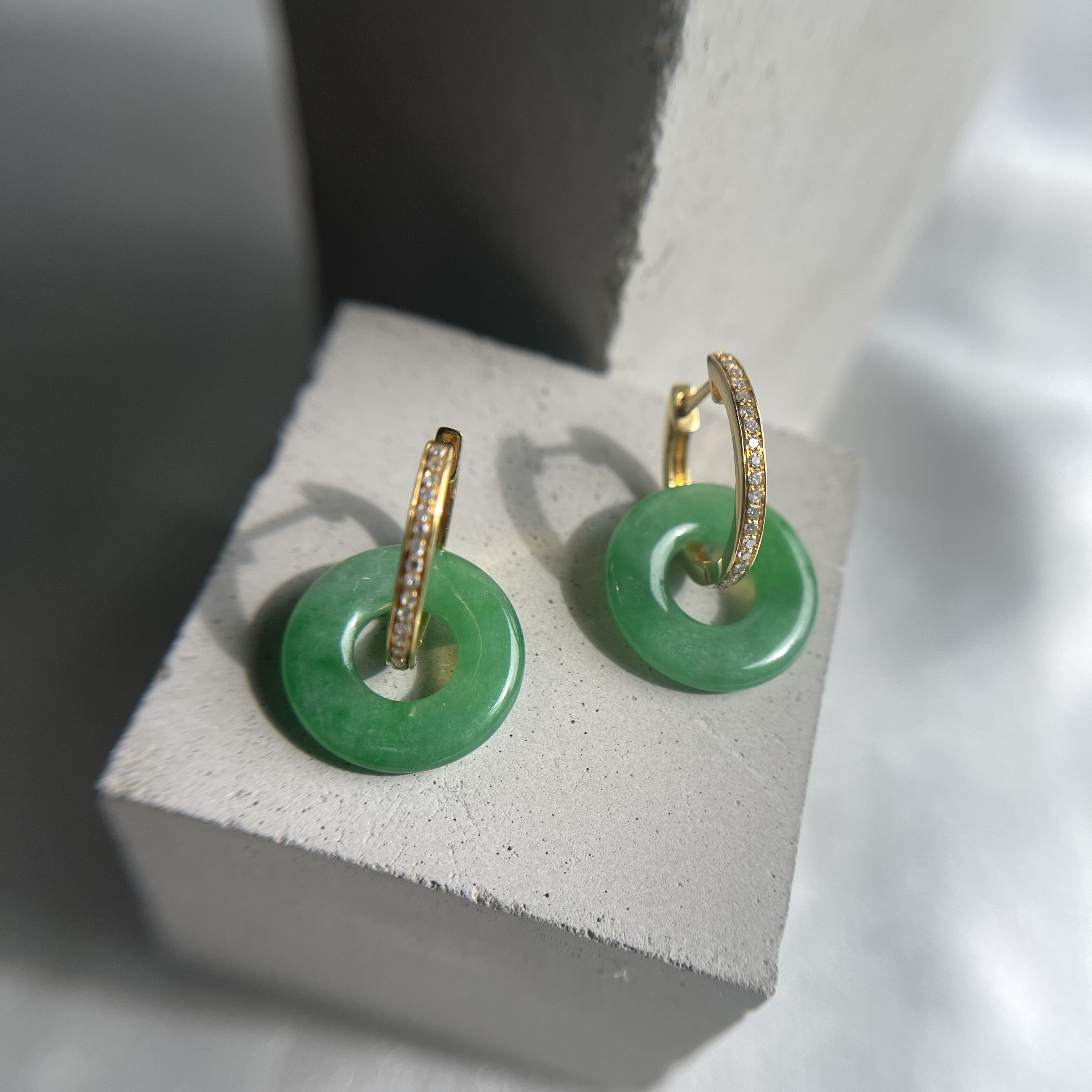 18K Gold Hoops Green Donuts Jadeite Earrings (PJA00149)