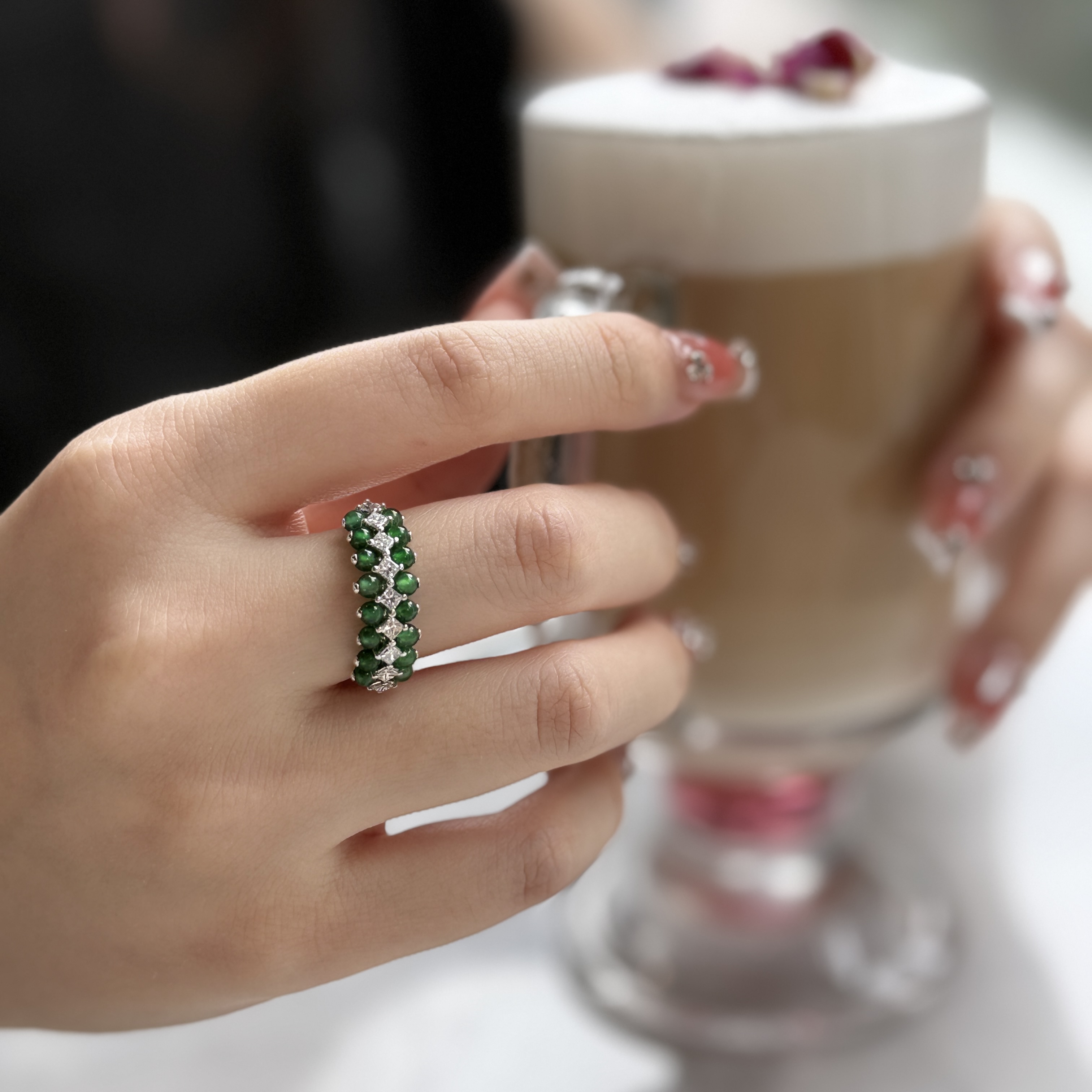 18k White Gold Multi Green Beads Jade Ring (PJA00797)