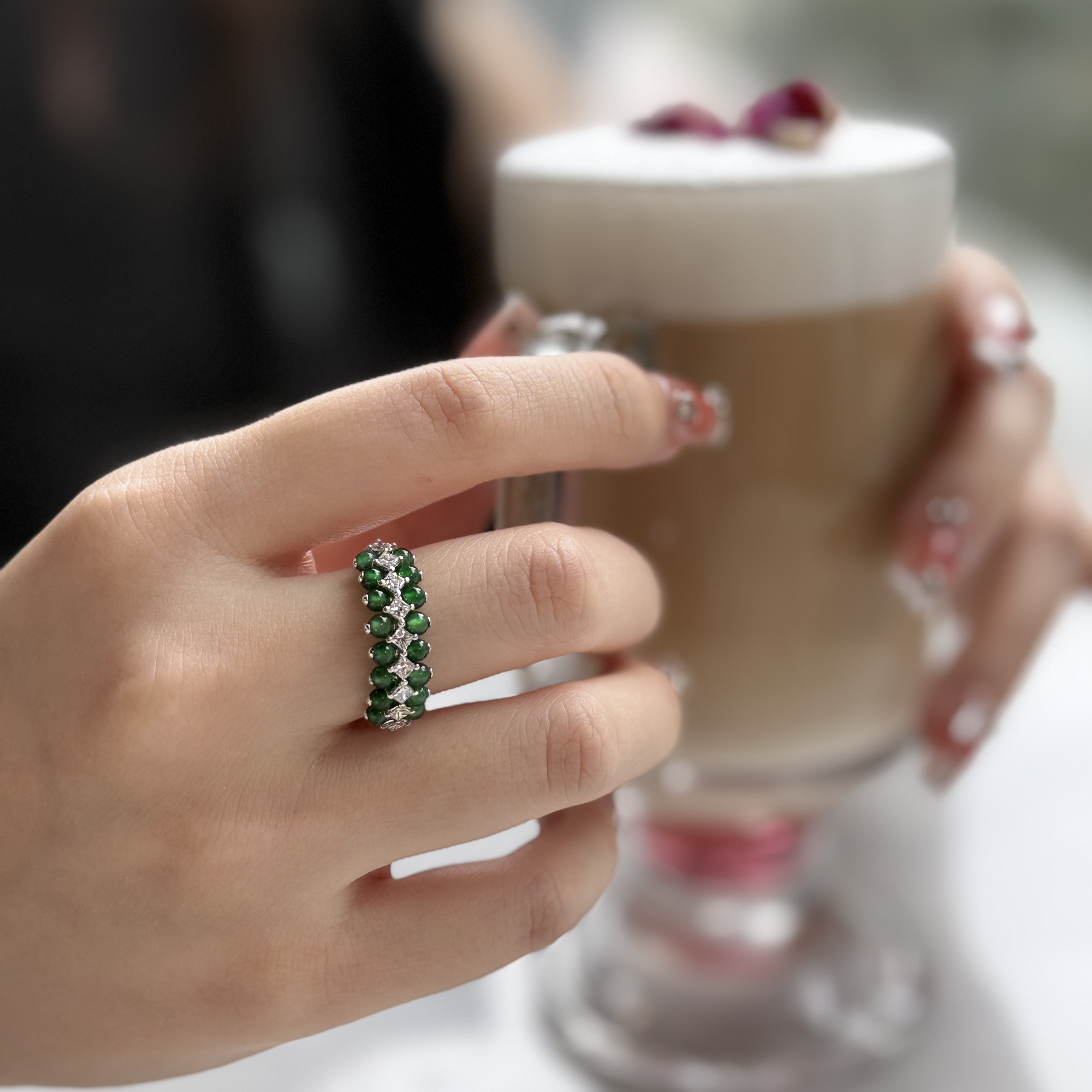 18k White Gold Multi Green Beads Jade Ring (PJA00797)