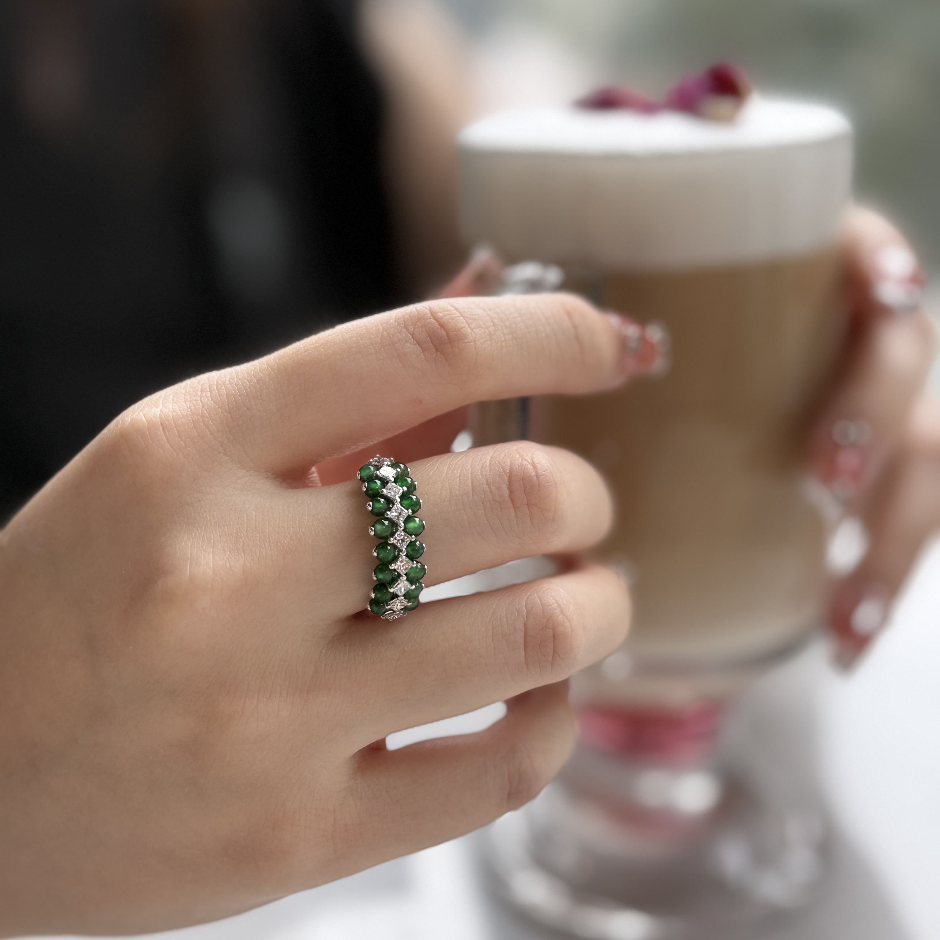 18k White Gold Multi Green Beads Jade Ring (PJA00797)