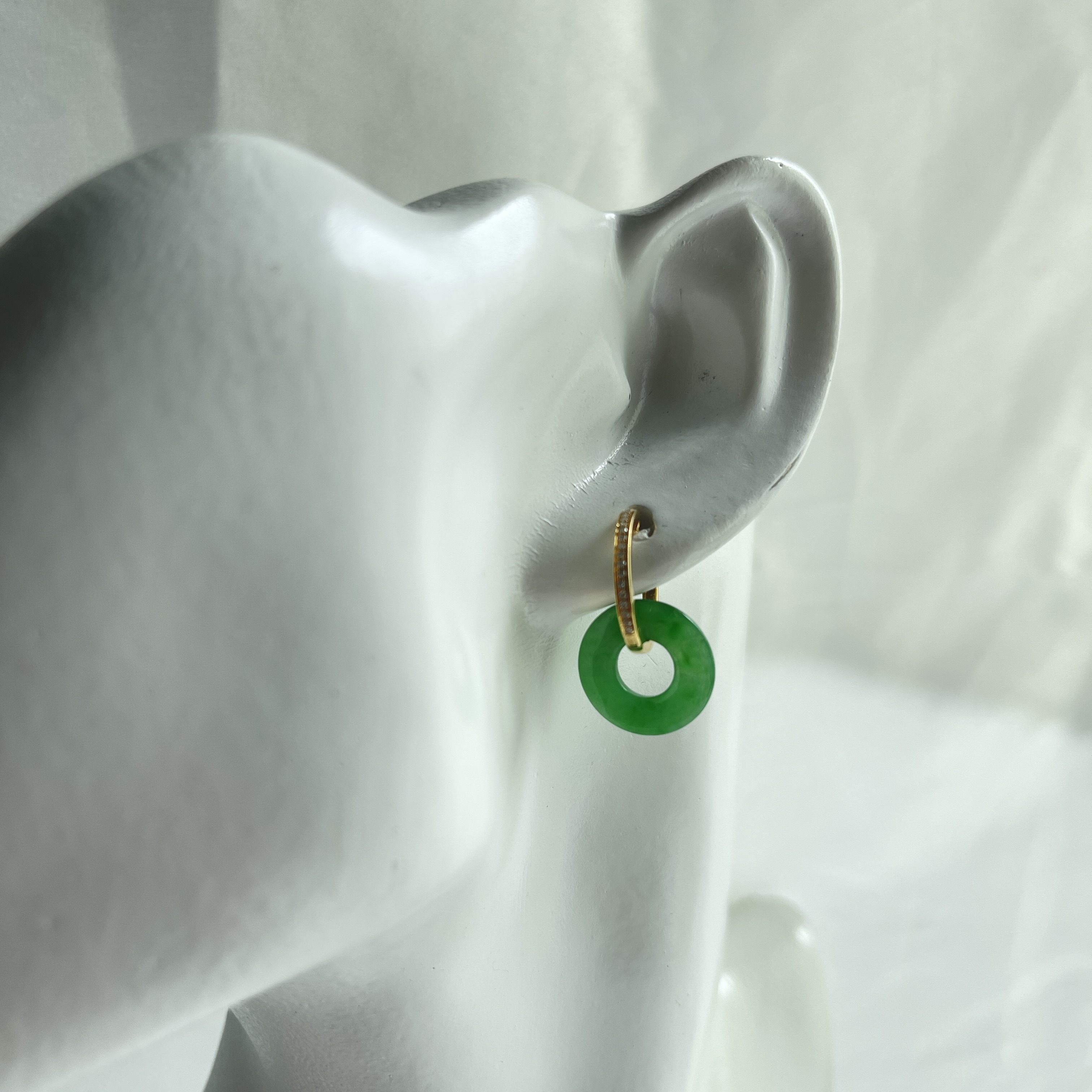 18K Gold Hoops Green Donuts Jadeite Earrings (PJA00149)