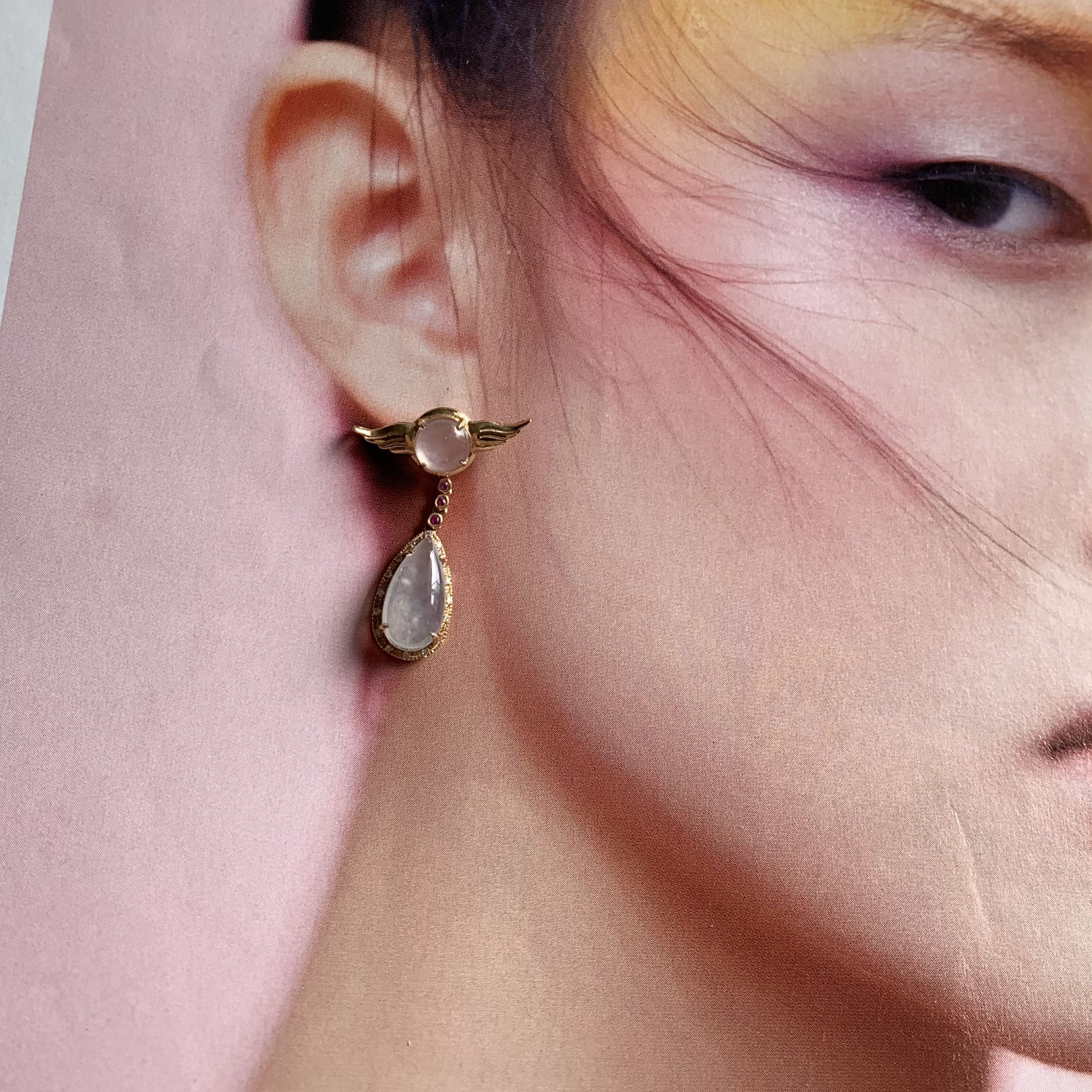 18K Rose Gold Angel Wings Jade Earrings (PJA00476)