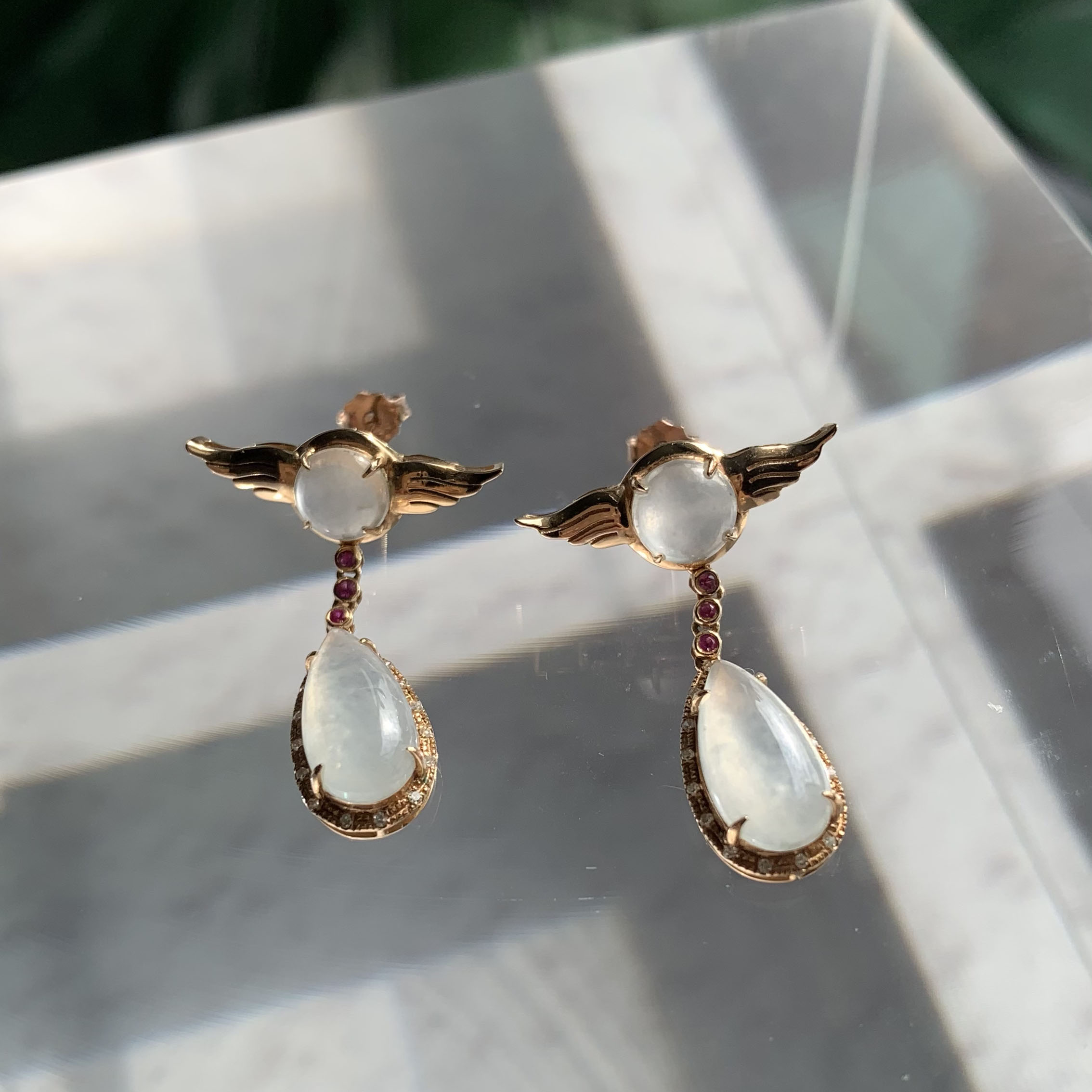 18K Rose Gold Angel Wings Jade Earrings (PJA00476)