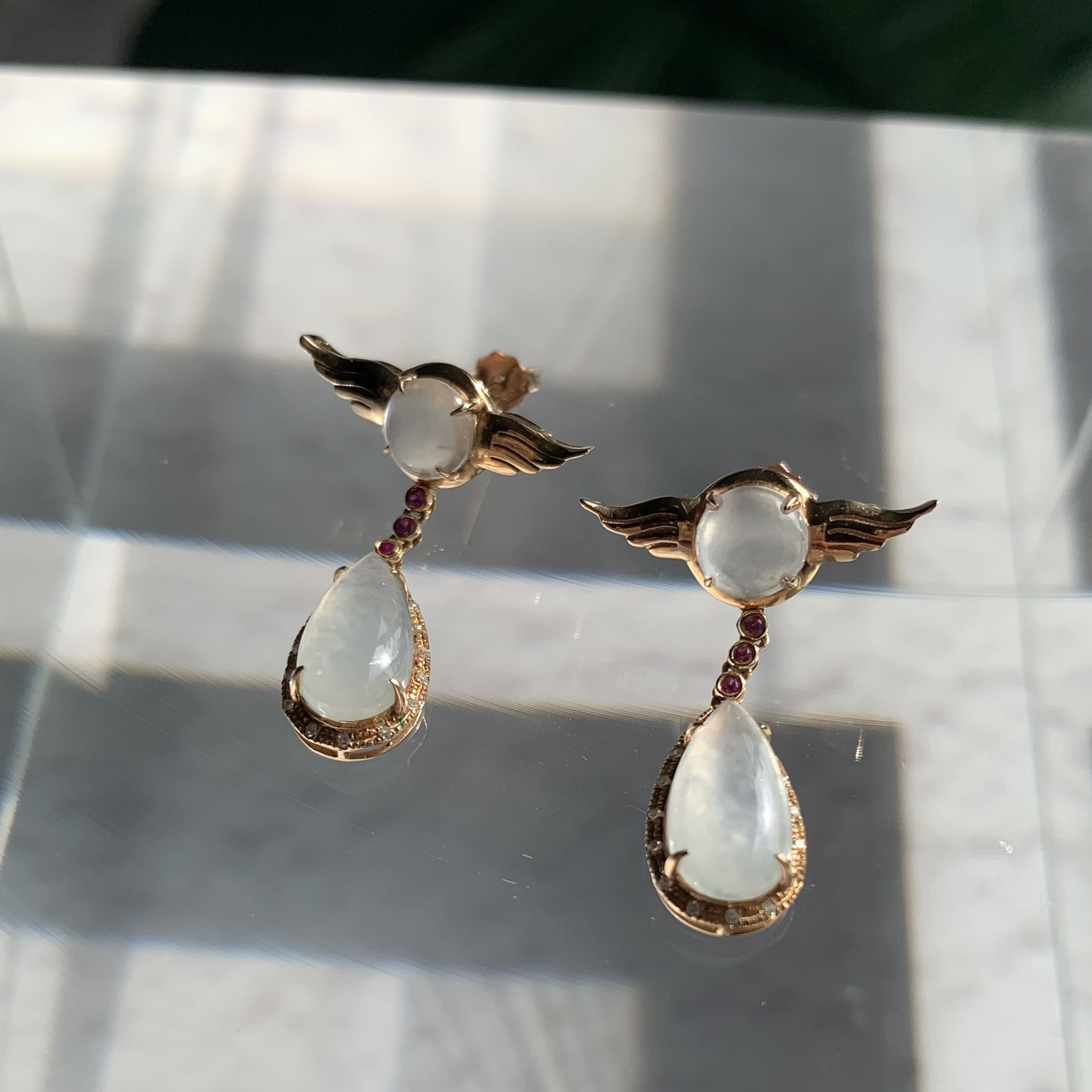 18K Rose Gold Angel Wings Jade Earrings (PJA00476)