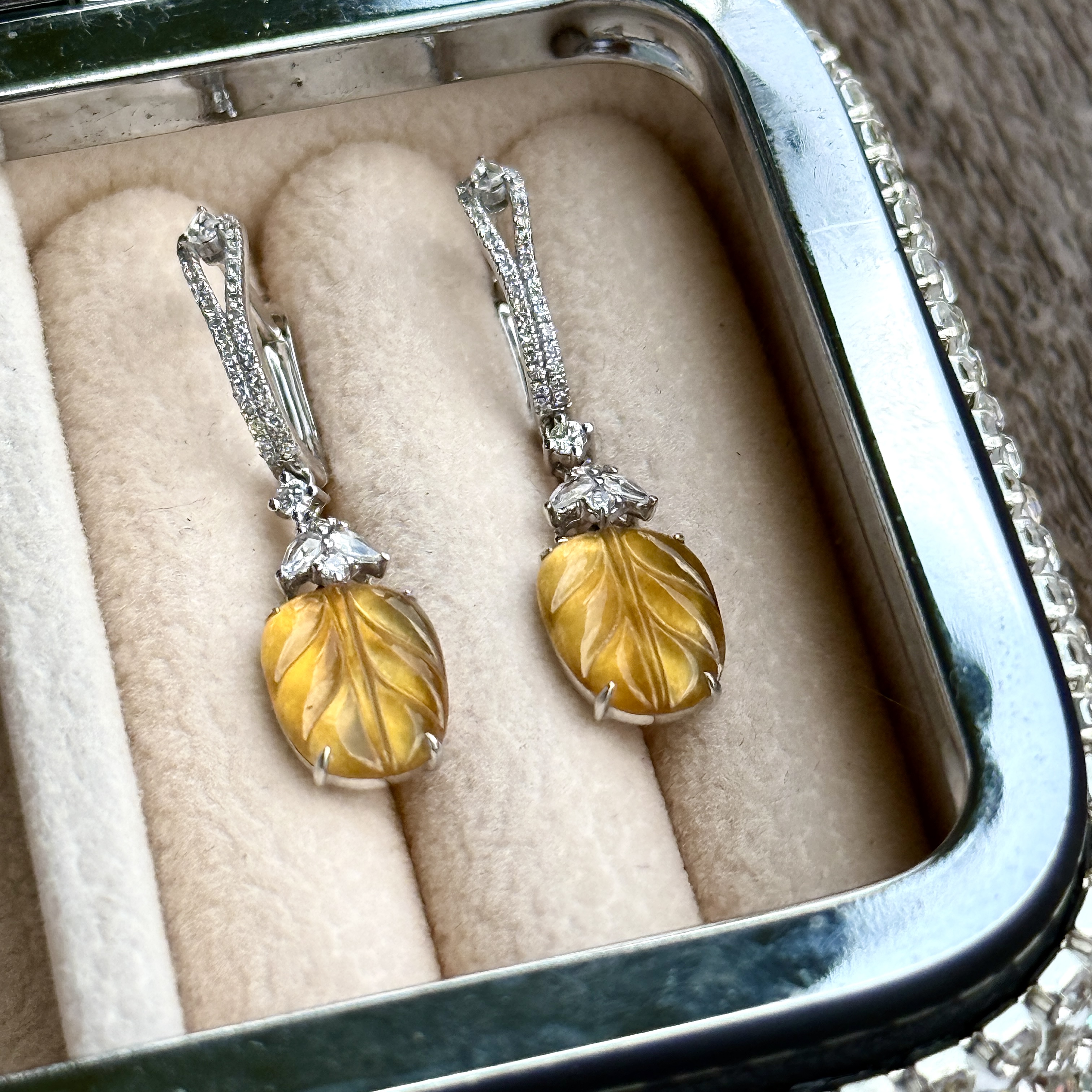 18K White Gold Light Yellow Leaf Shaped Jade Earrings (PJA00847)