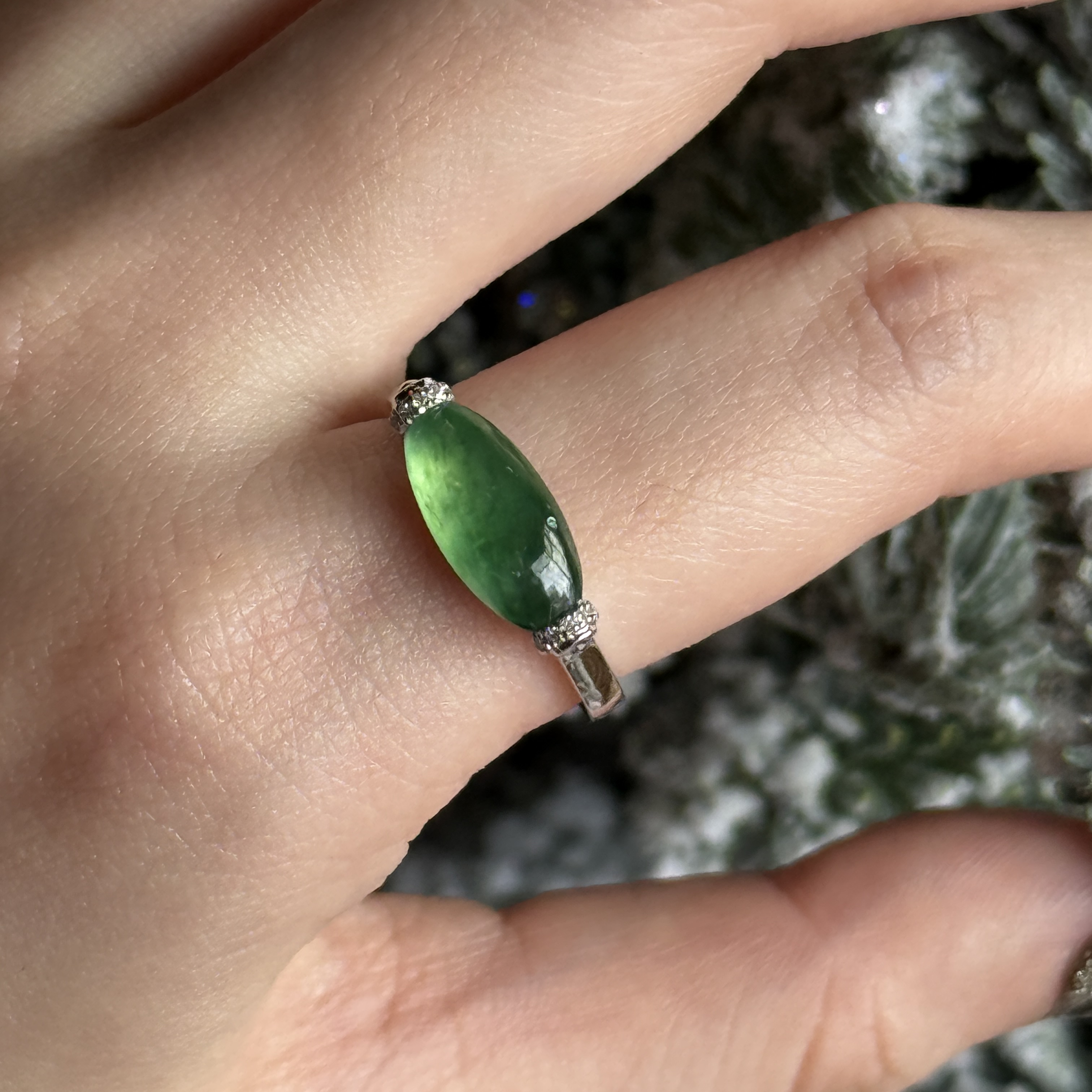 18K White Gold Green Jade Ring (PJA00754)