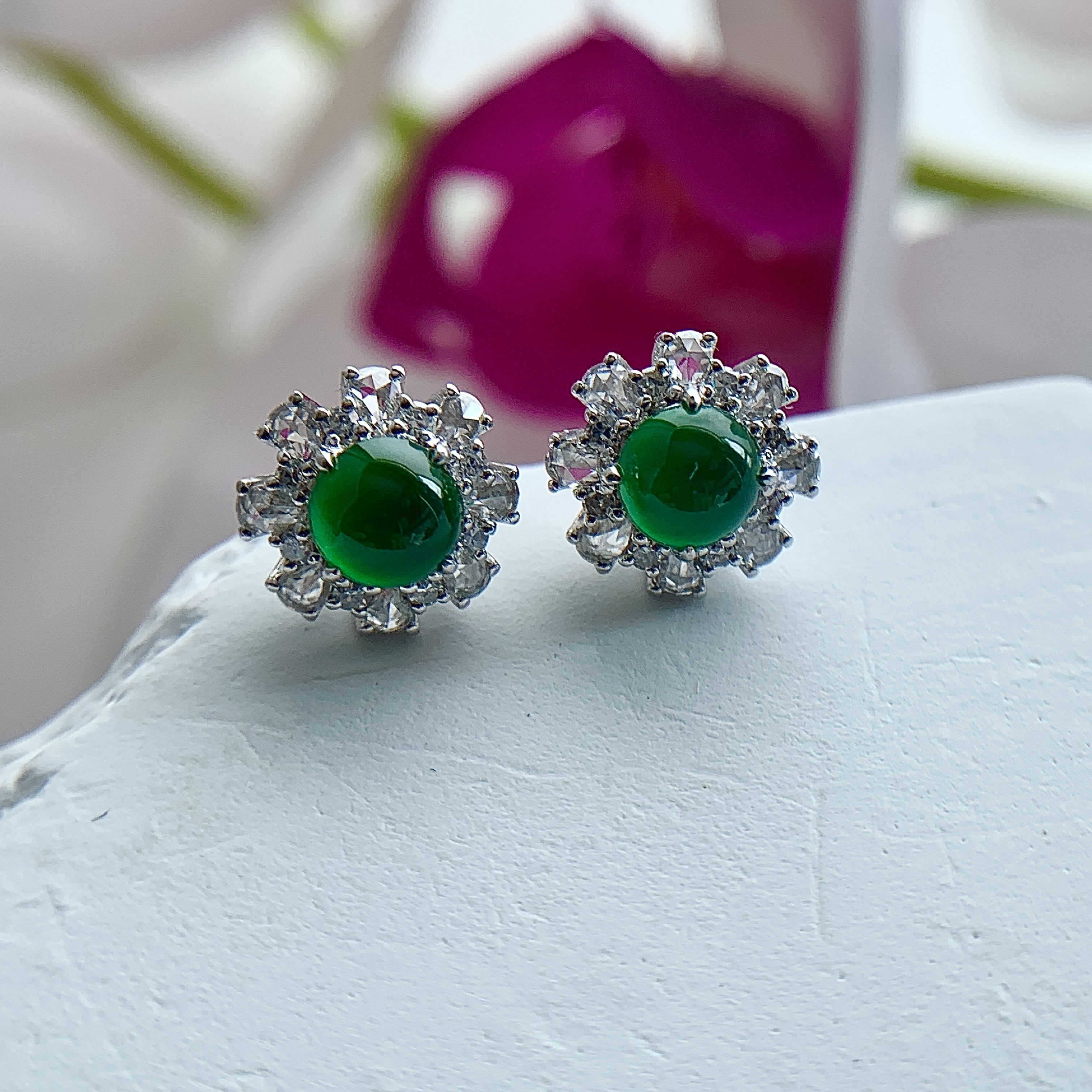 18K White Gold Green Jade Earrings (PJA00633)