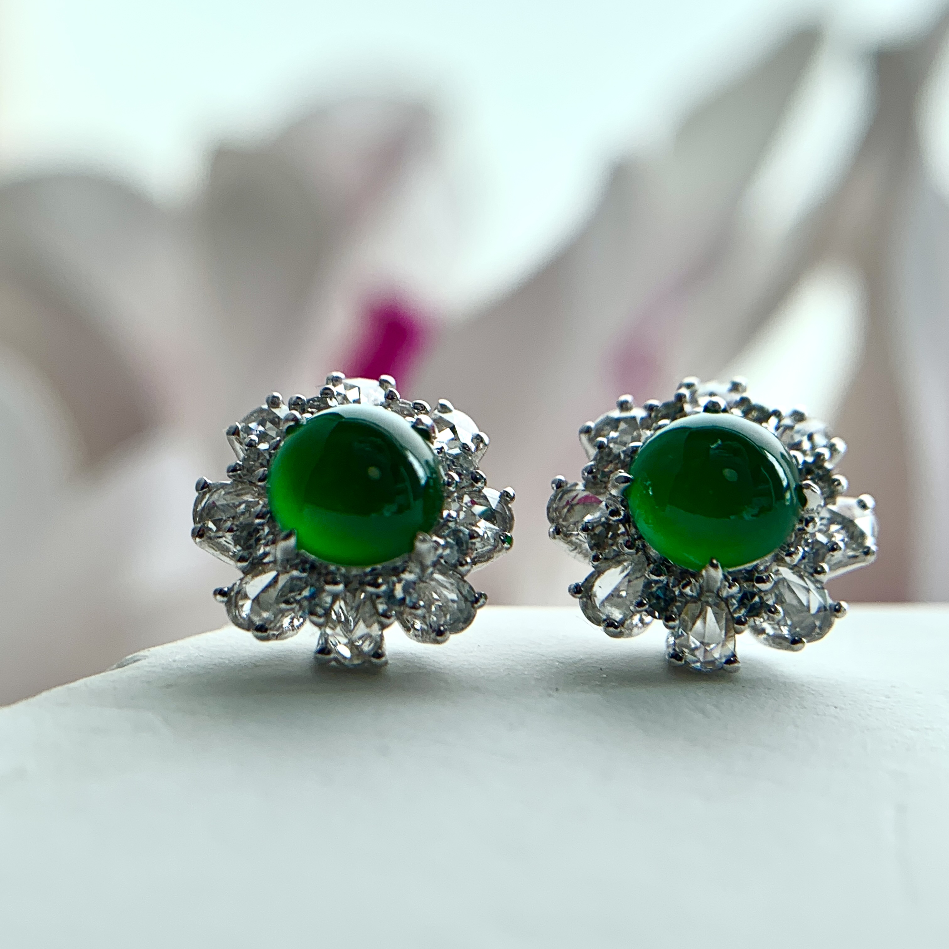 18K White Gold Green Jade Earrings (PJA00633)