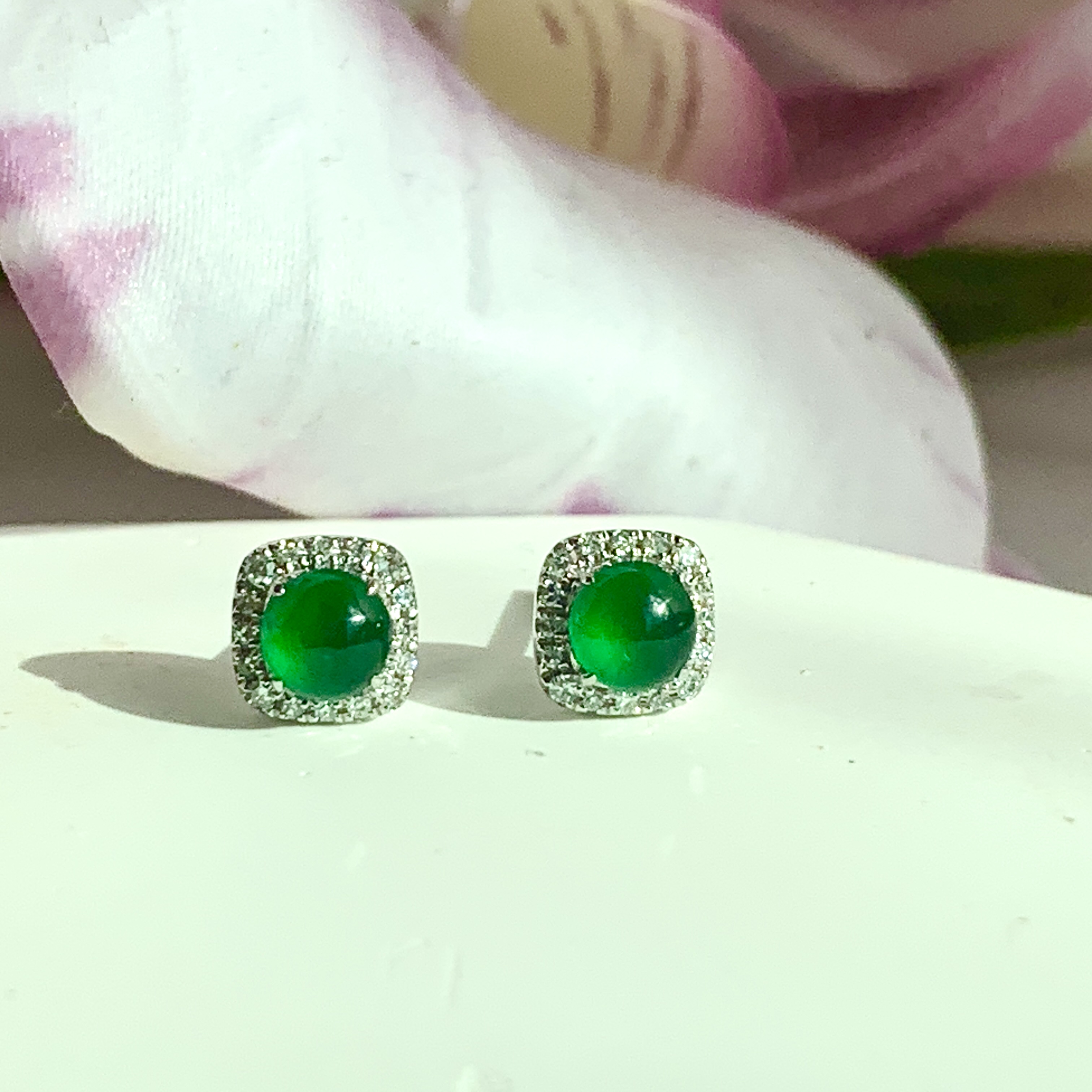 18K White Gold Green Jade Earrings (PJA00632A)