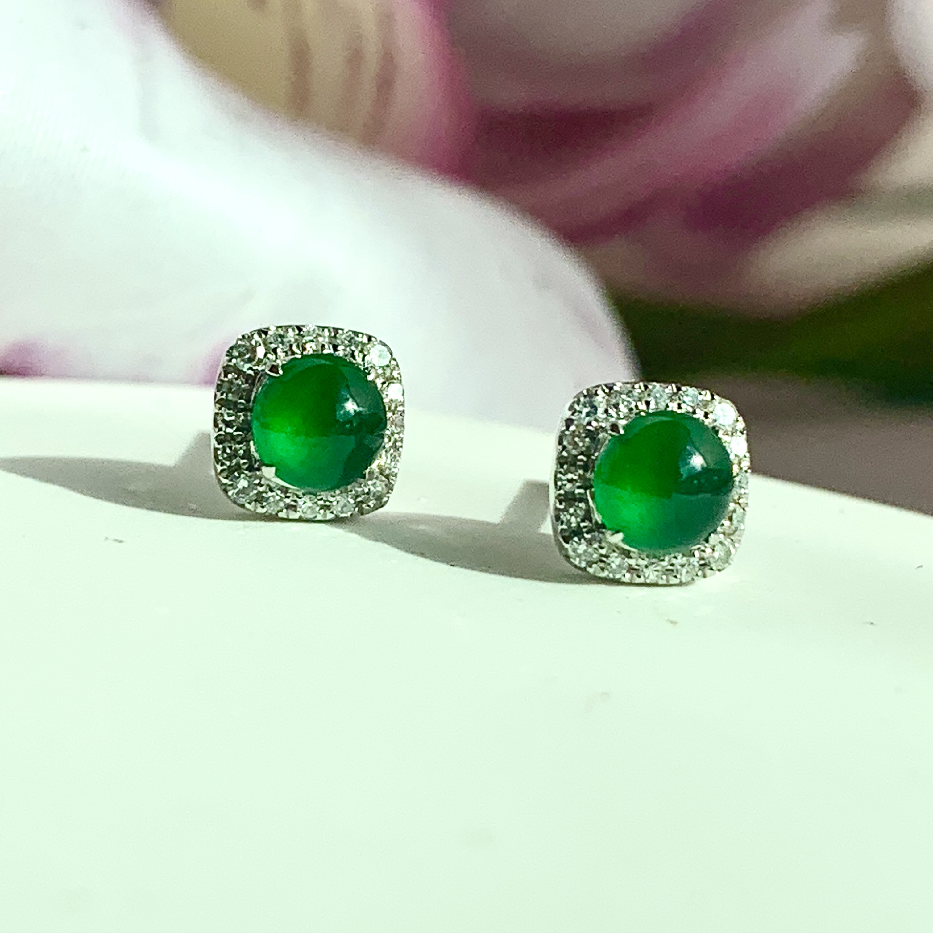 18K White Gold Green Jade Earrings (PJA00632A)