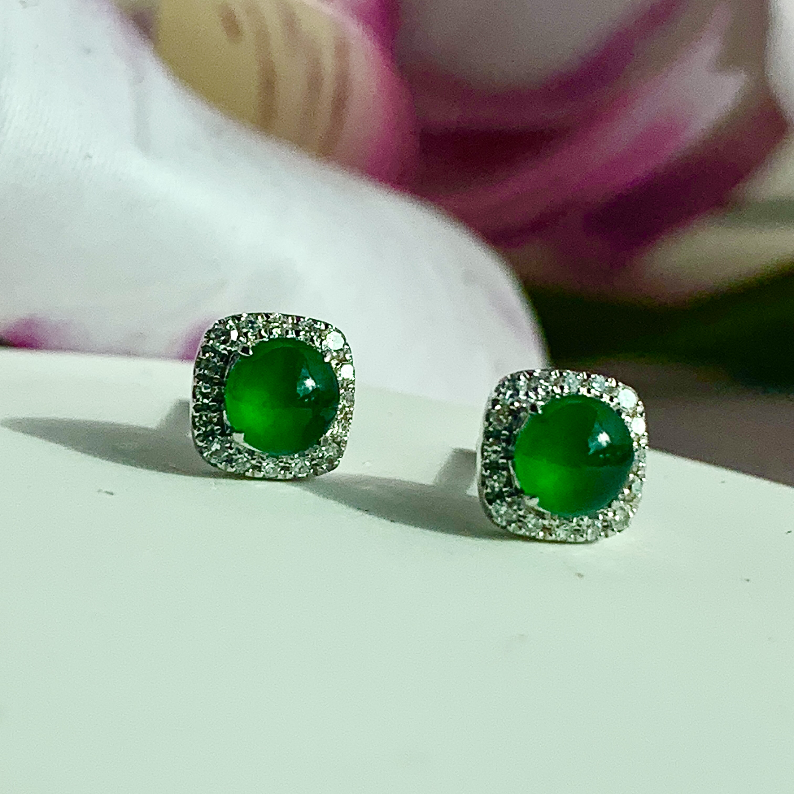18K White Gold Green Jade Earrings (PJA00632A)