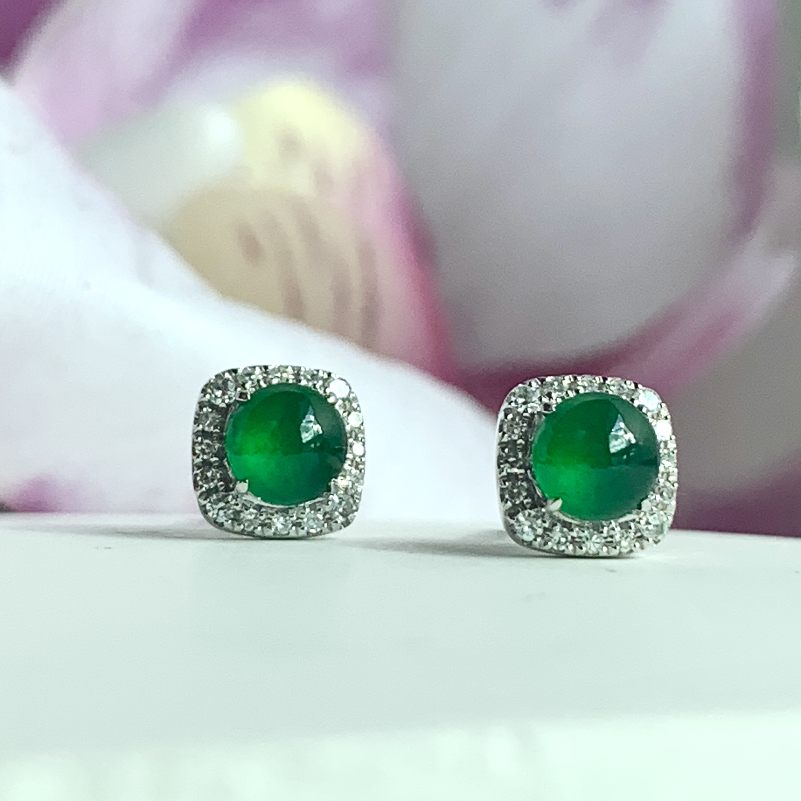 18K White Gold Green Jade Earrings (PJA00632A)