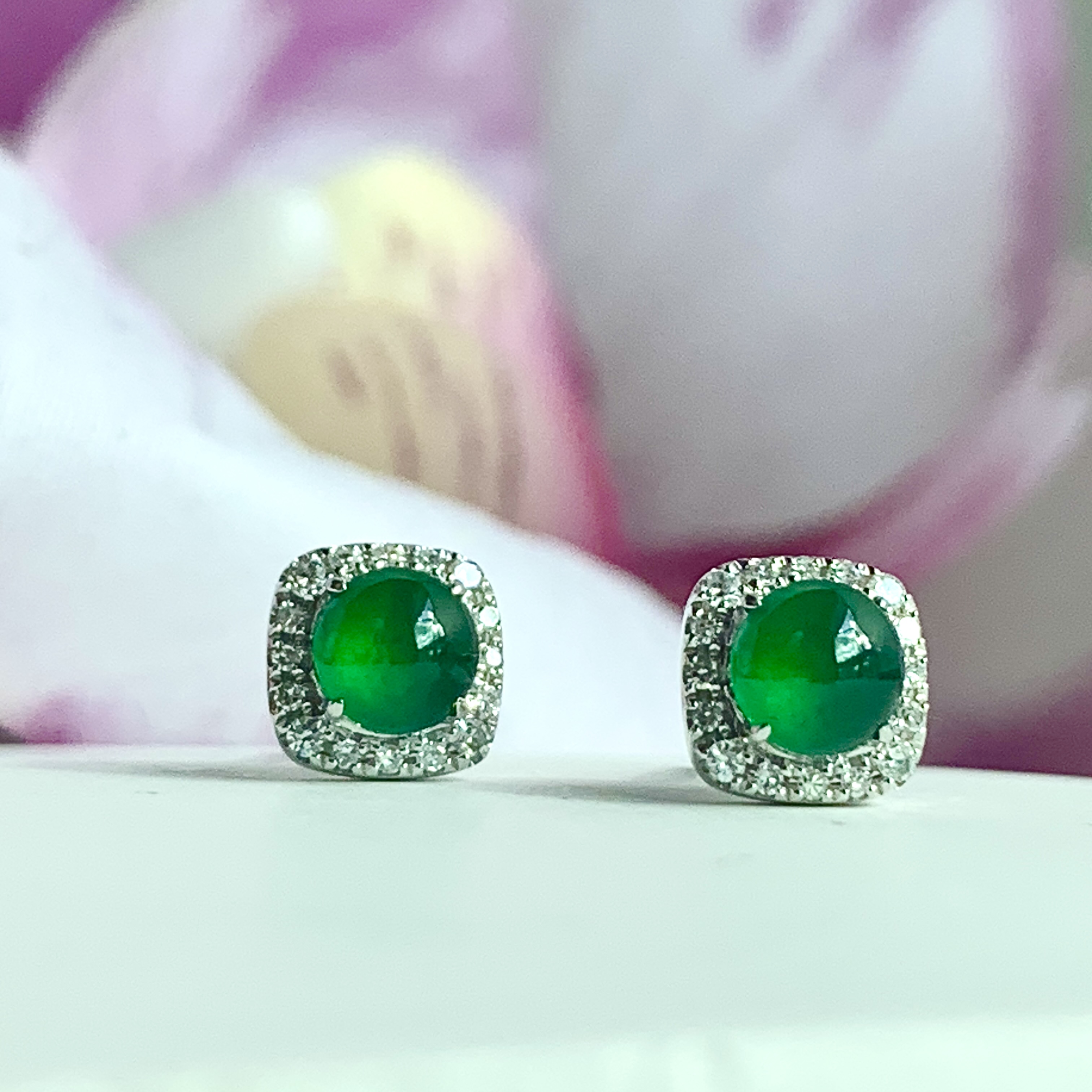 18K White Gold Green Jade Earrings (PJA00632A)