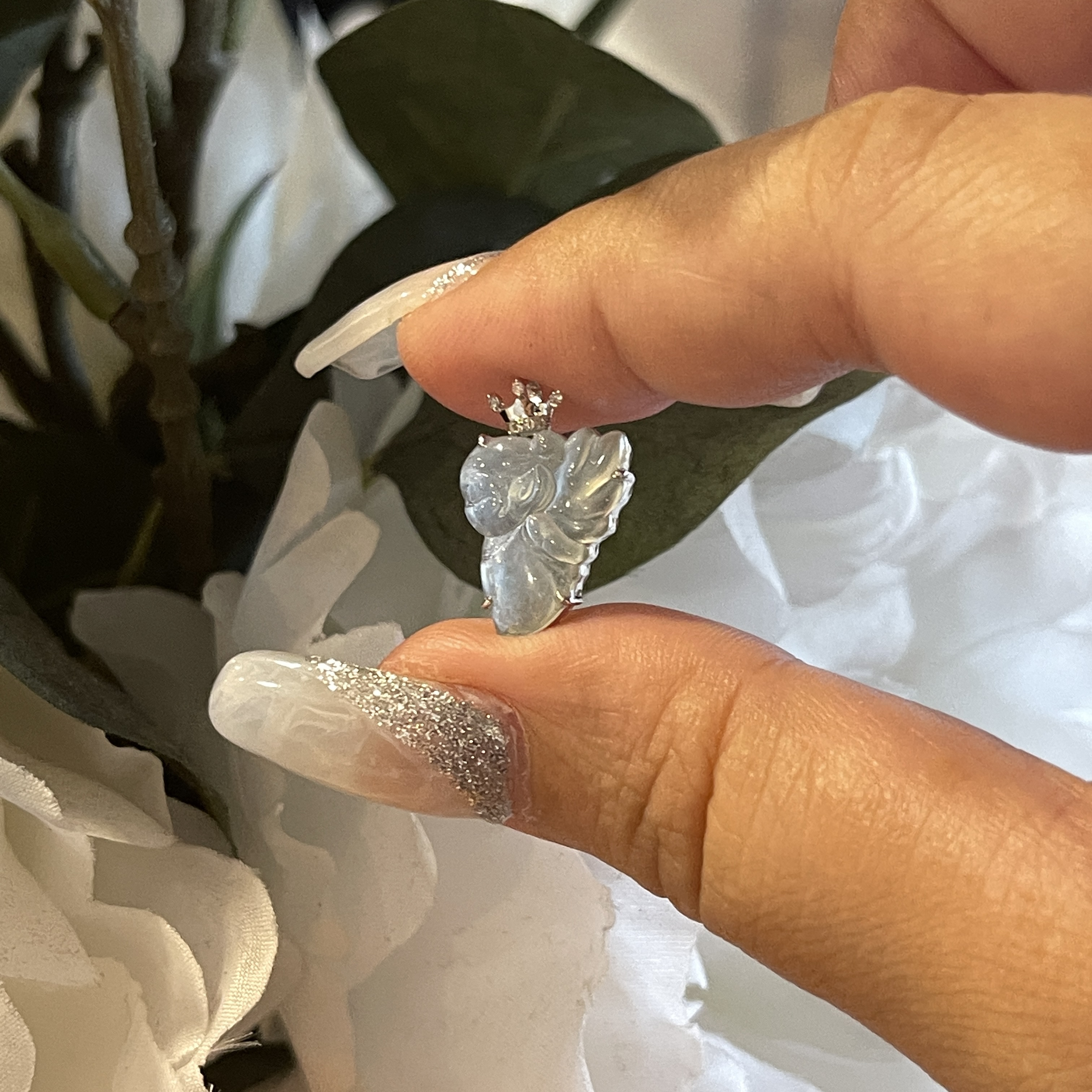 18K White Gold Flower Fairy Jade Pendant  (PJA00321)