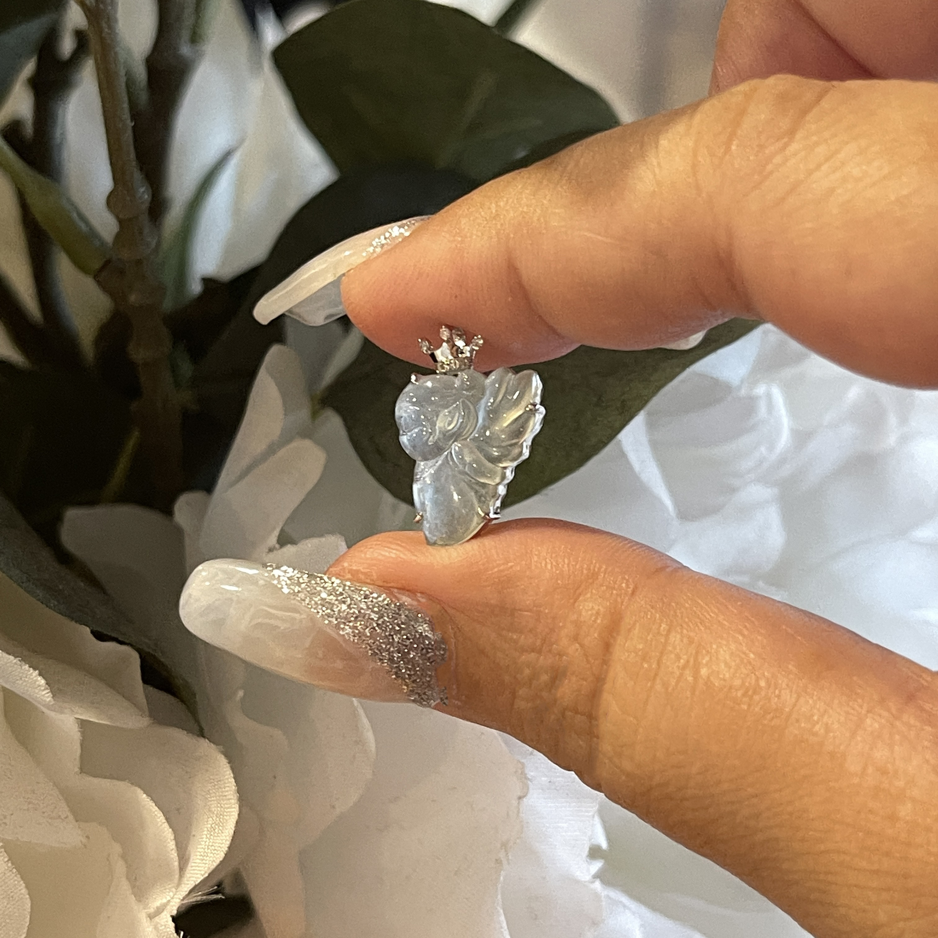 18K White Gold Flower Fairy Jade Pendant  (PJA00321)