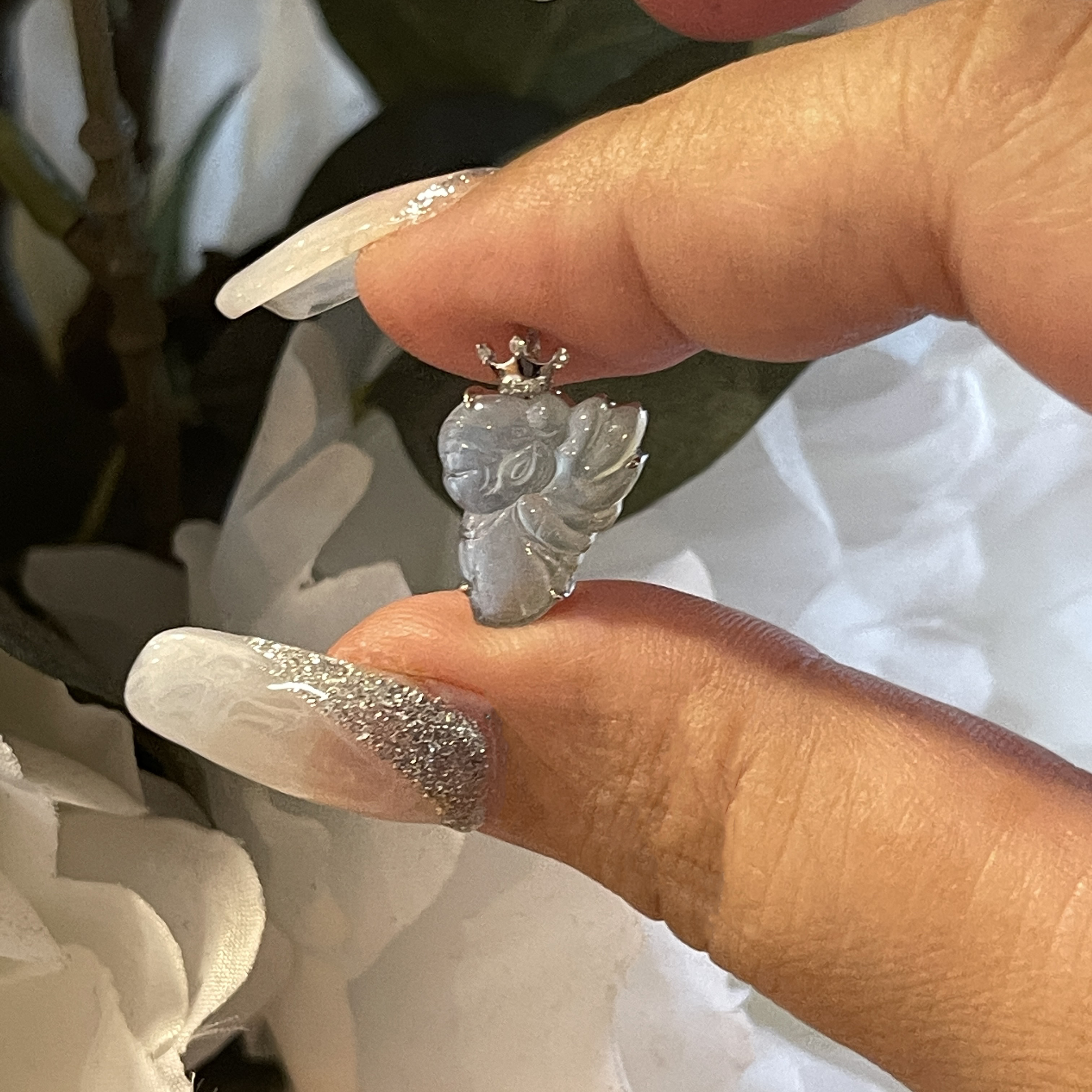 18K White Gold Flower Fairy Jade Pendant  (PJA00321)