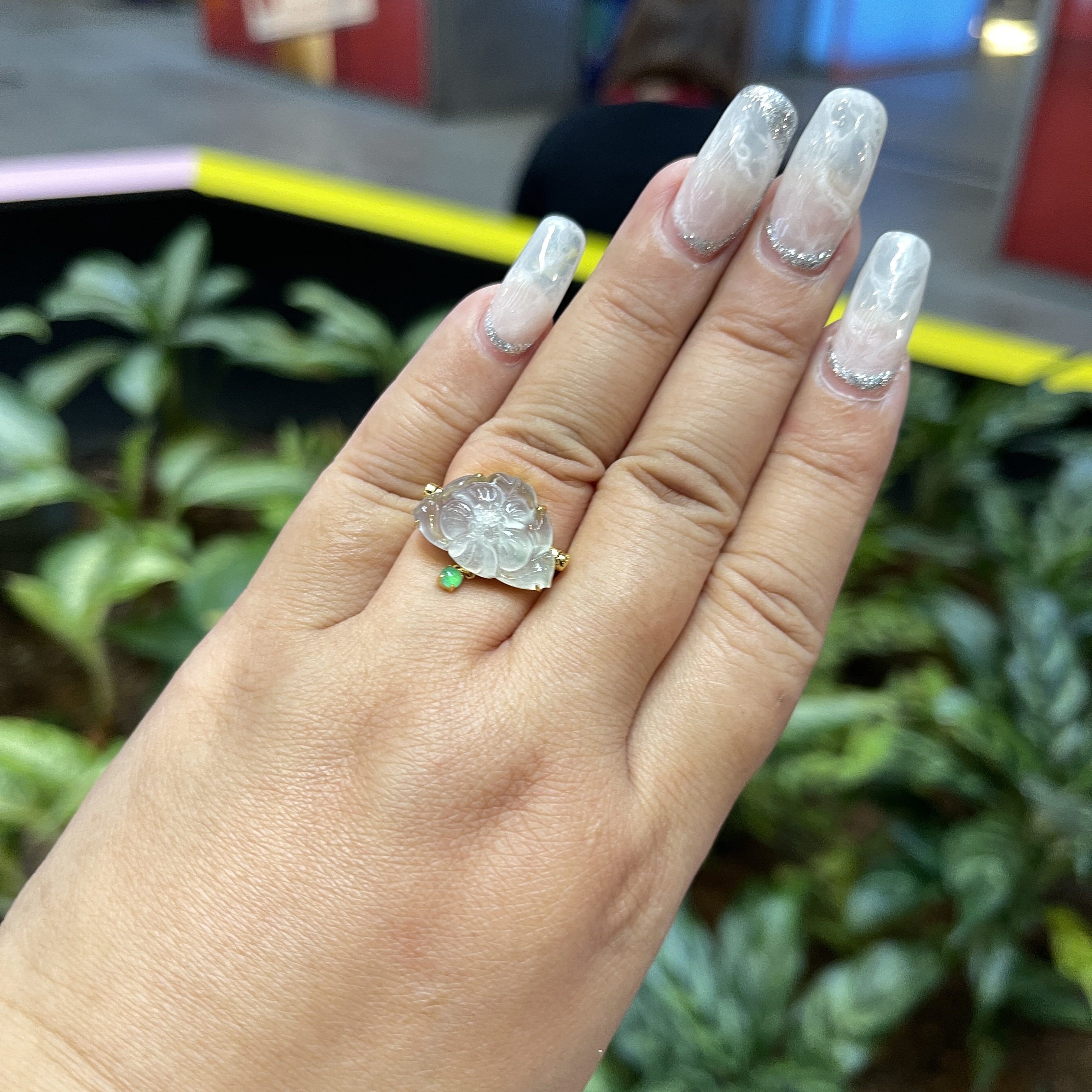 18K Yellow Gold Lotus Leaf Ring and Jade Pendant  (PJA00299)