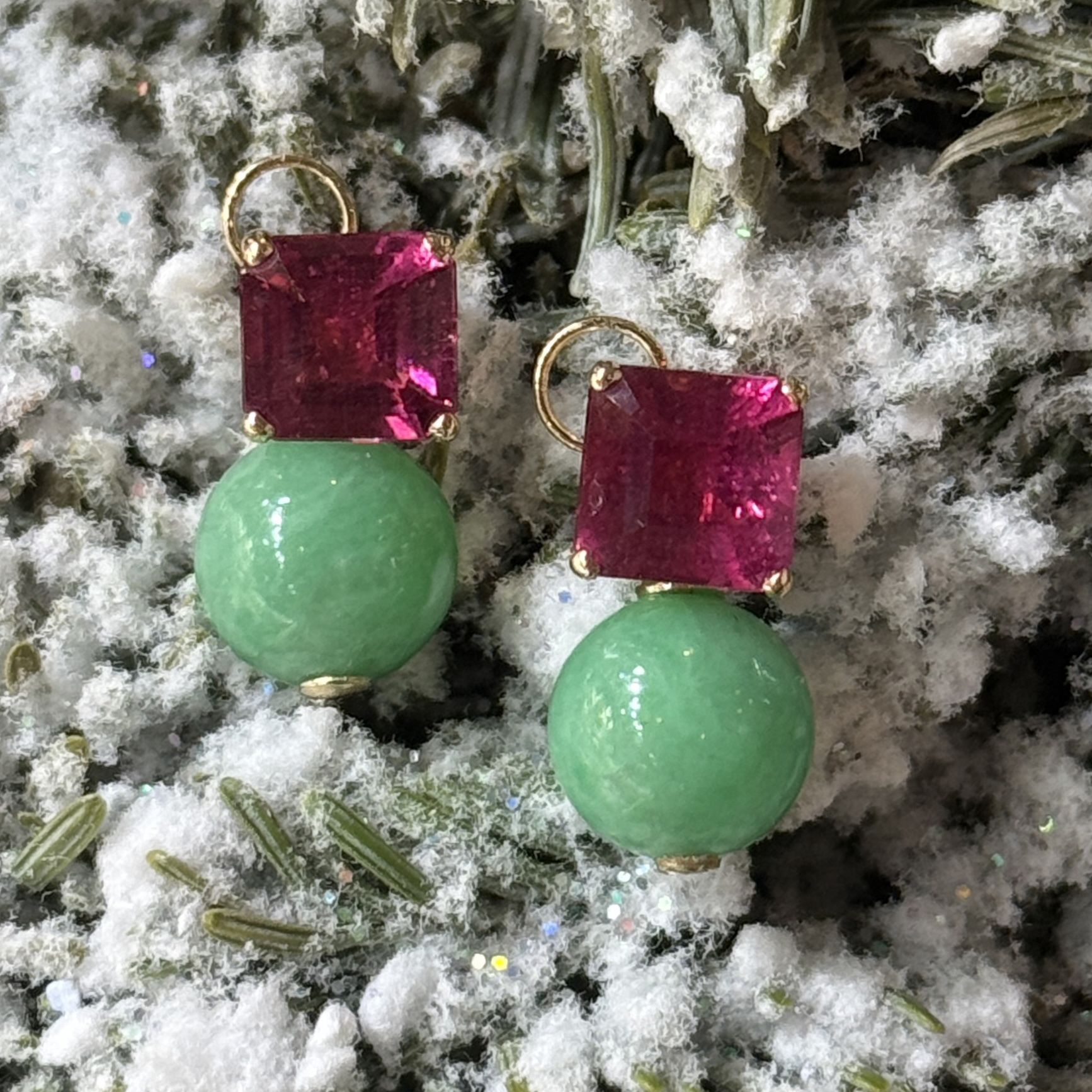 18K Yellow Gold Rubellite and Jade Ball Earrings (PDA00015)