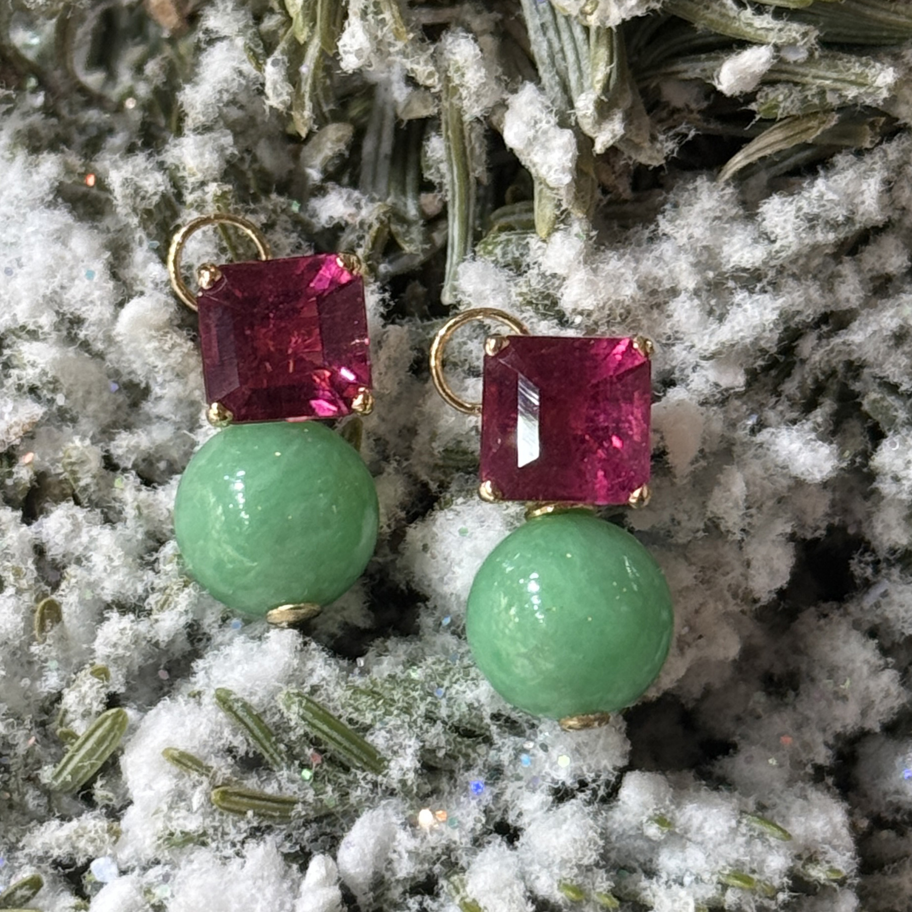 18K Yellow Gold Rubellite and Jade Ball Earrings (PDA00015)