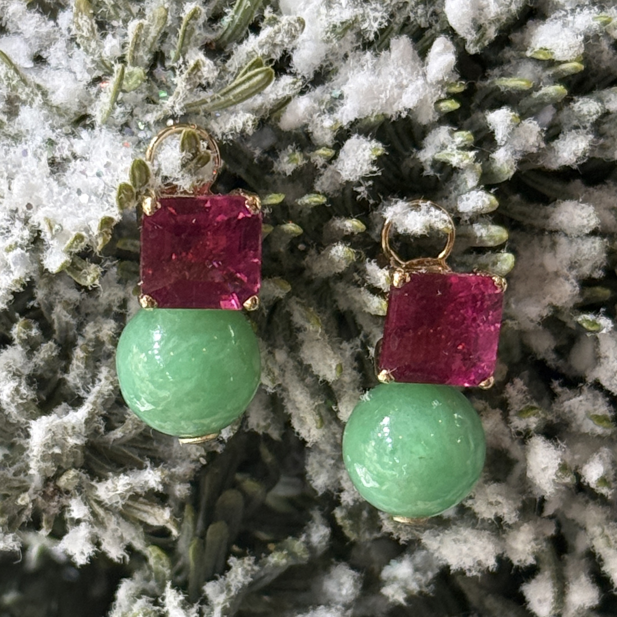18K Yellow Gold Rubellite and Jade Ball Earrings (PDA00015)