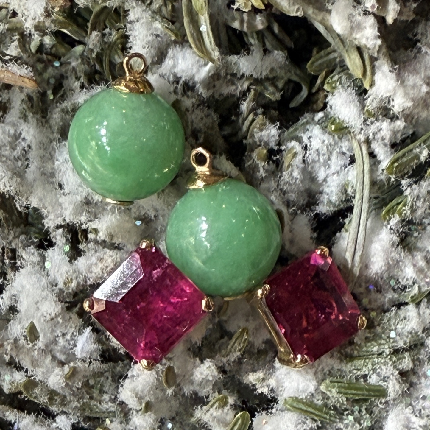 18K Yellow Gold Rubellite and Jade Ball Earrings (PDA00015)