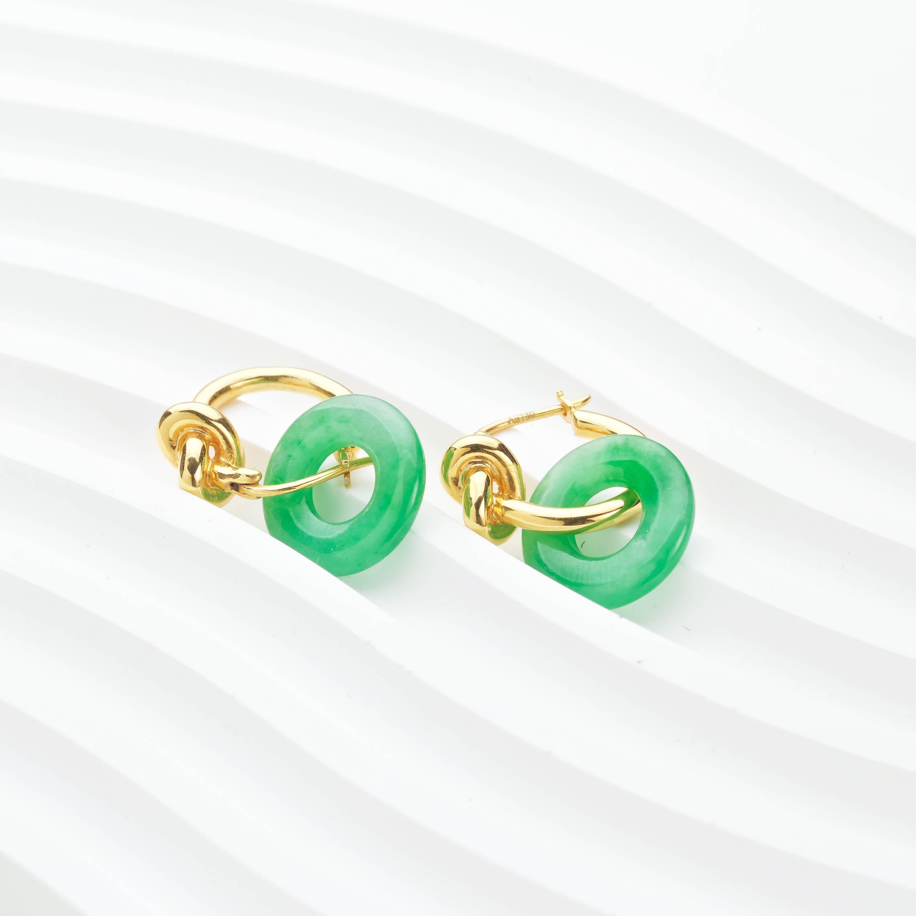 18K Gold Hoops Green Donuts Jadeite Earrings (PJA00149)