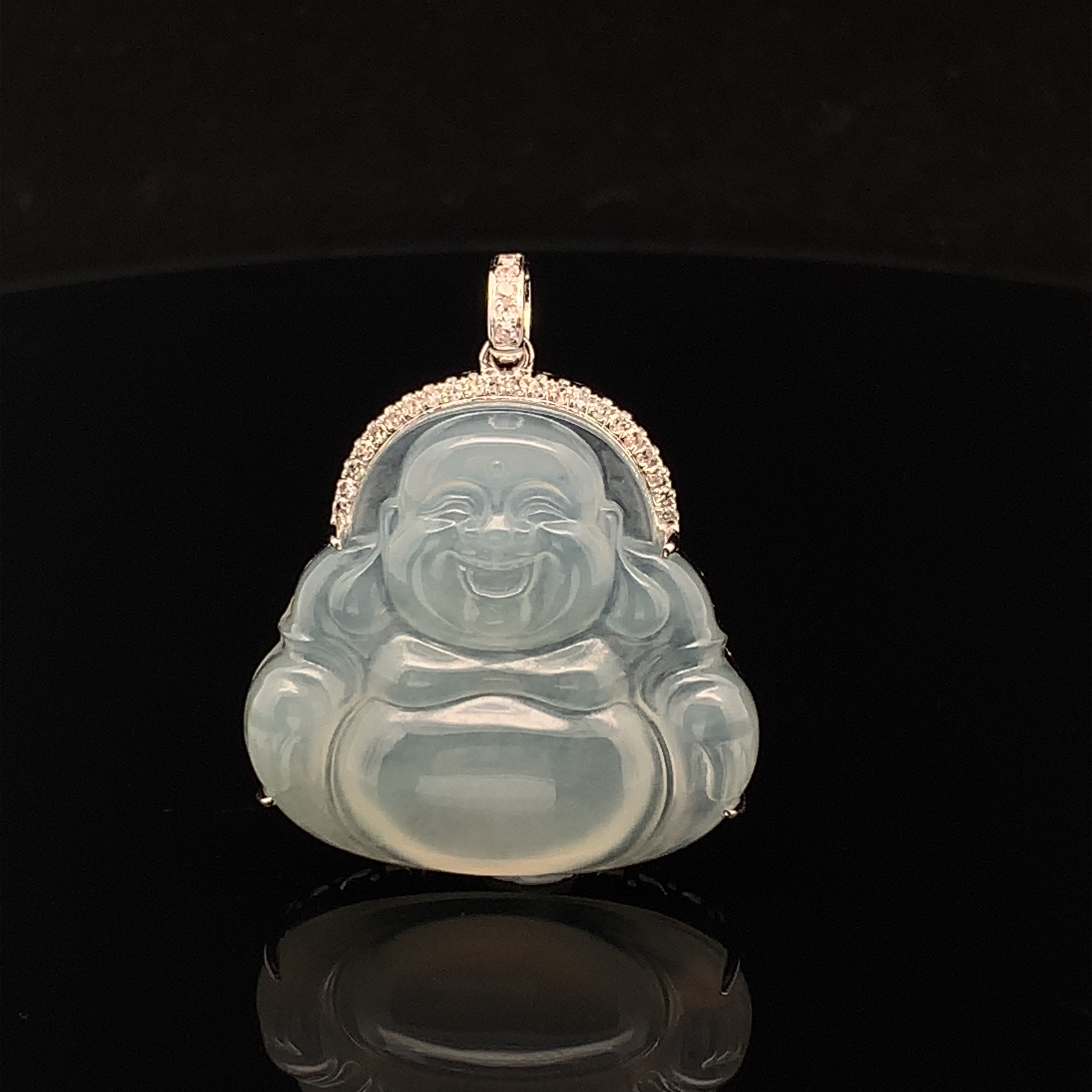 18K White Gold Laughing Buddha Jade Pendant (PJA00542)