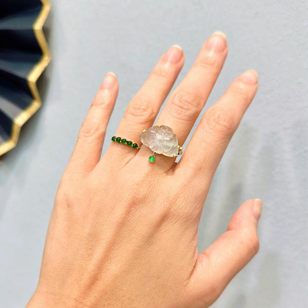 18K Yellow Gold Lotus Leaf Ring and Jade Pendant  (PJA00299)