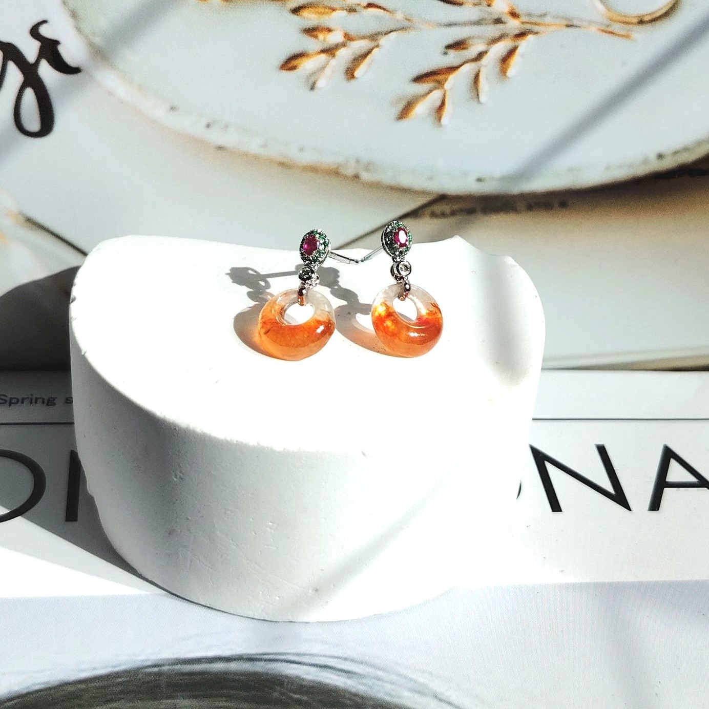 18K White Gold Icy Fanta Orange Princess Safety Coin "公主平安扣“Jade Earrings (PJA01357)