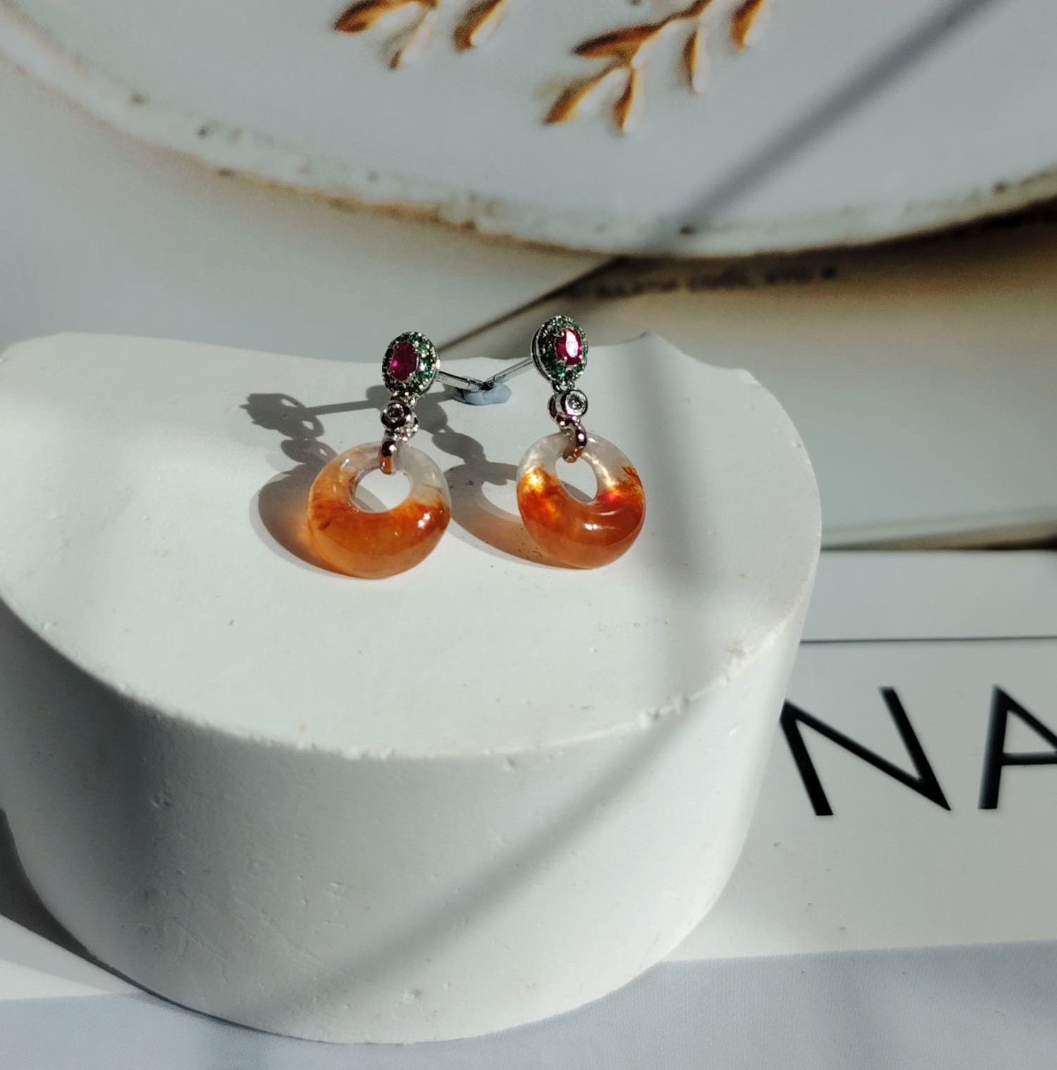 18K White Gold Icy Fanta Orange Princess Safety Coin "公主平安扣“Jade Earrings (PJA01357)