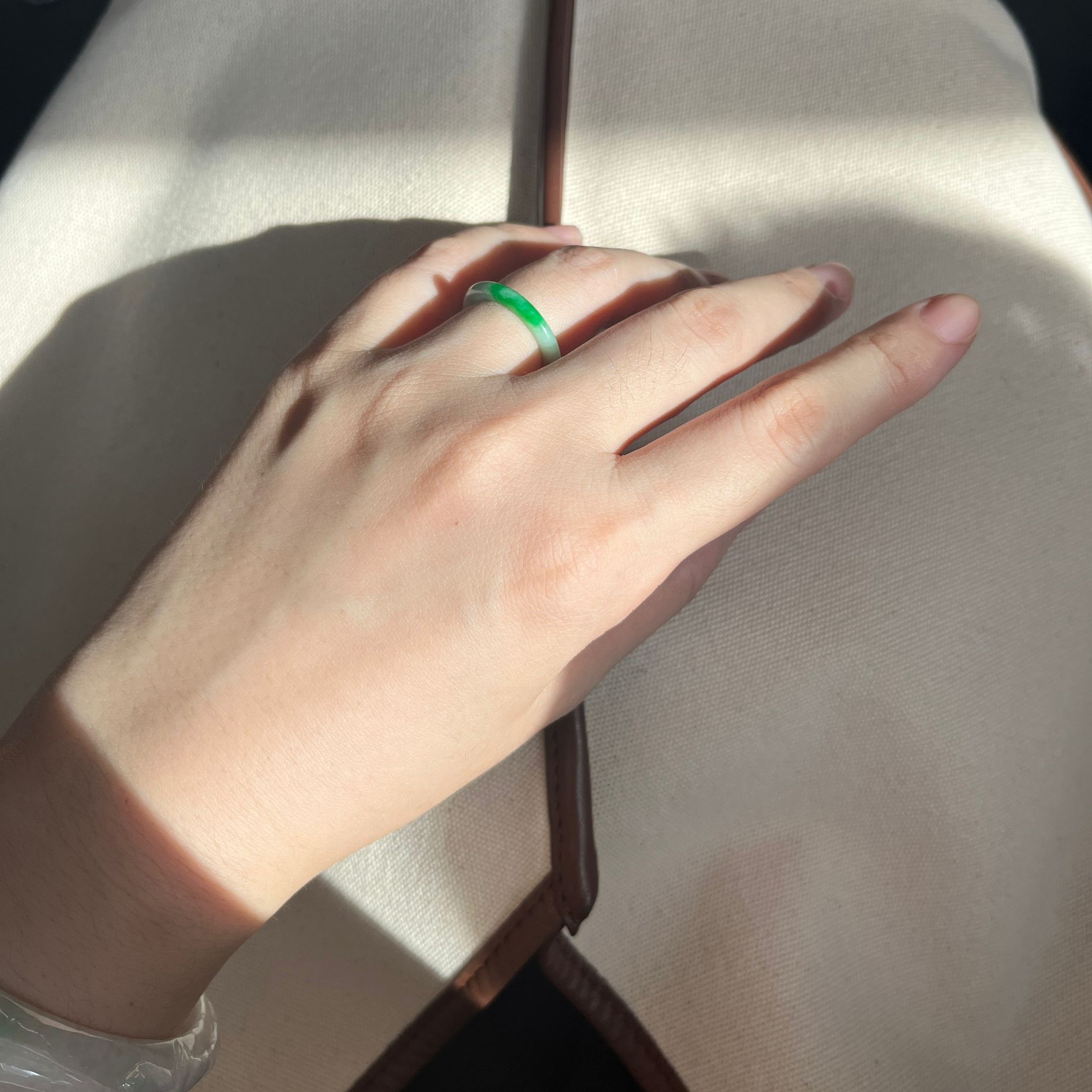 White Base With Green 白底青 Jade Hololith Ring (PJA00660)