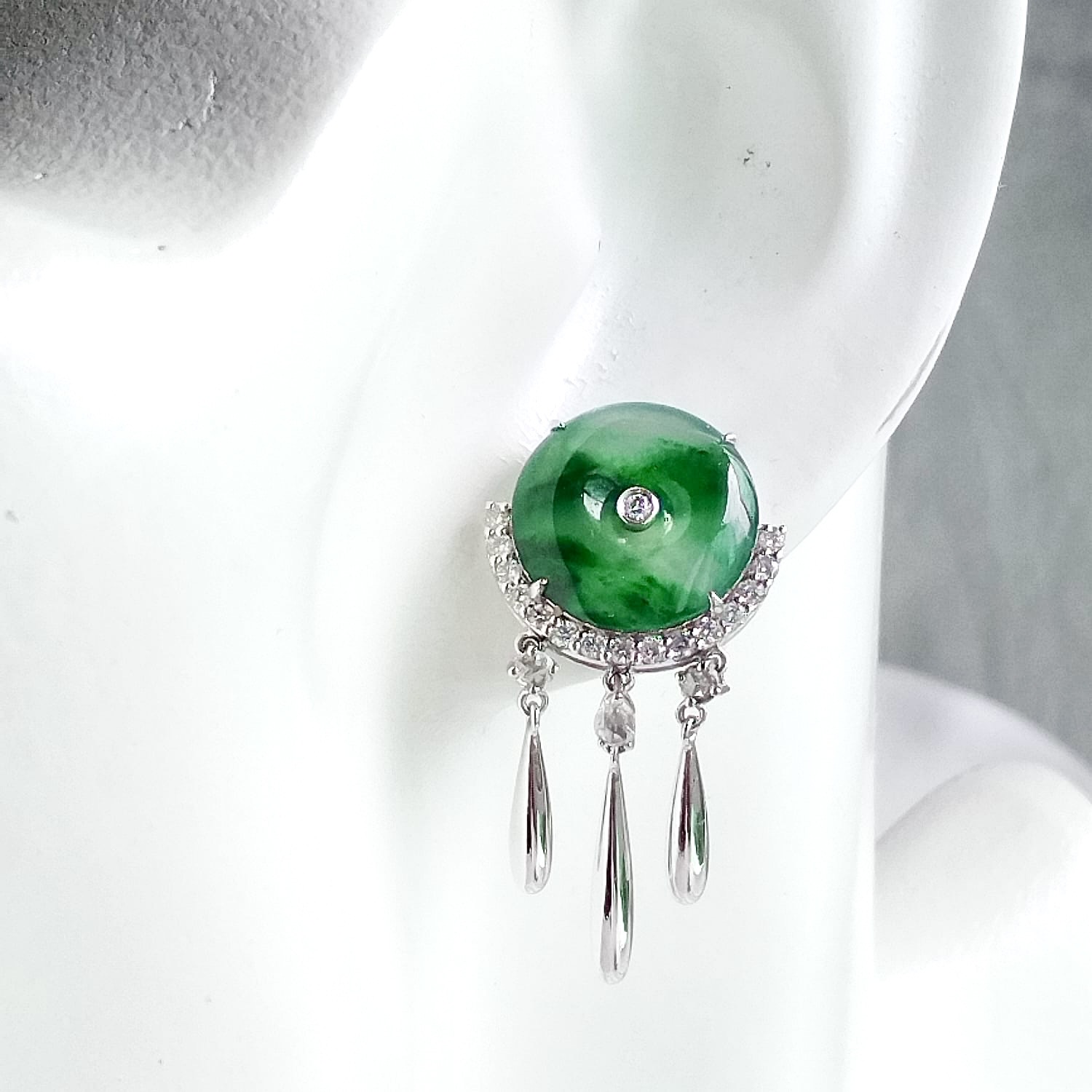 18K White Gold Green Mottled Safety Coin Earrings (PJA01071)