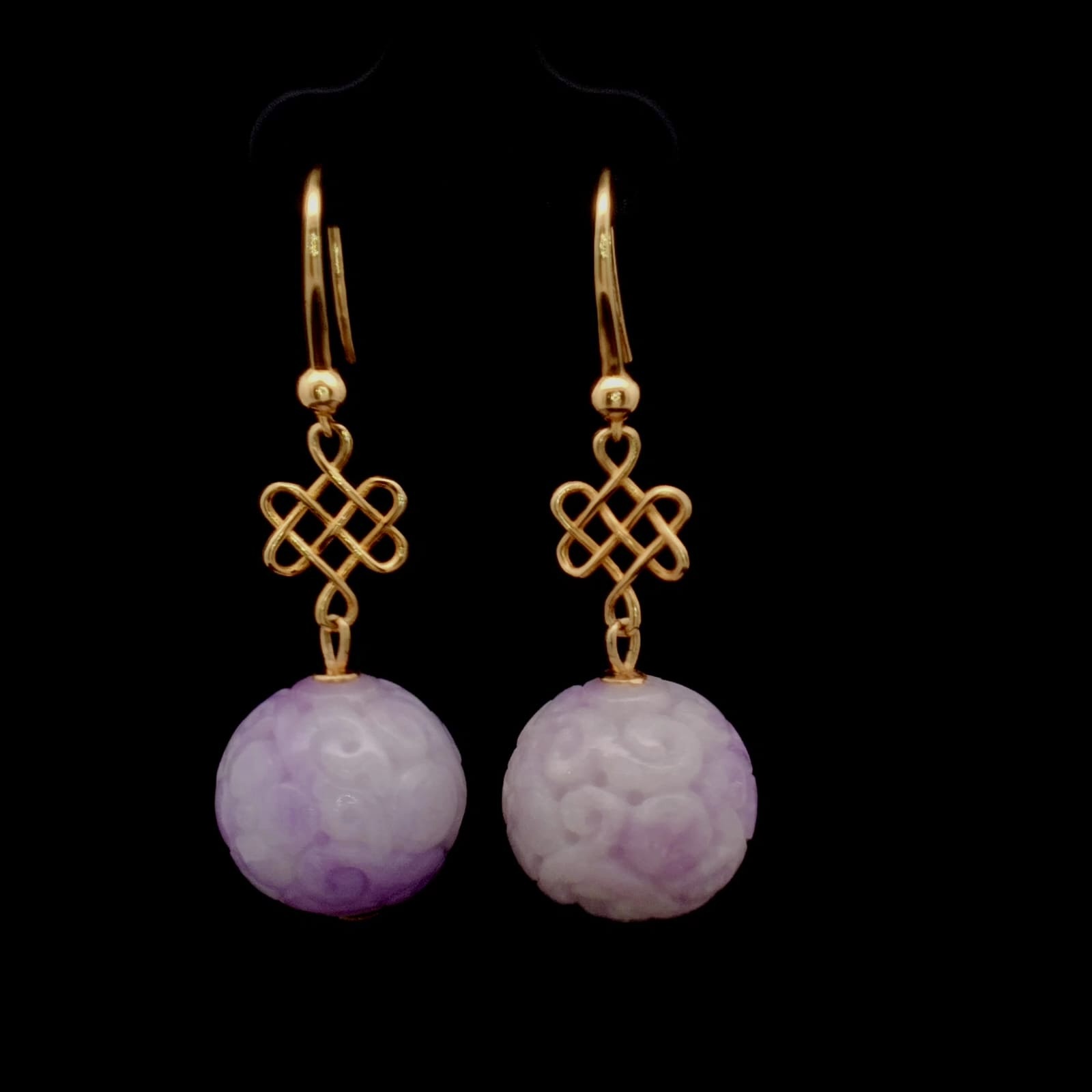 18K Yellow Gold Lavender Beads Jade Earrings (PJA01296)