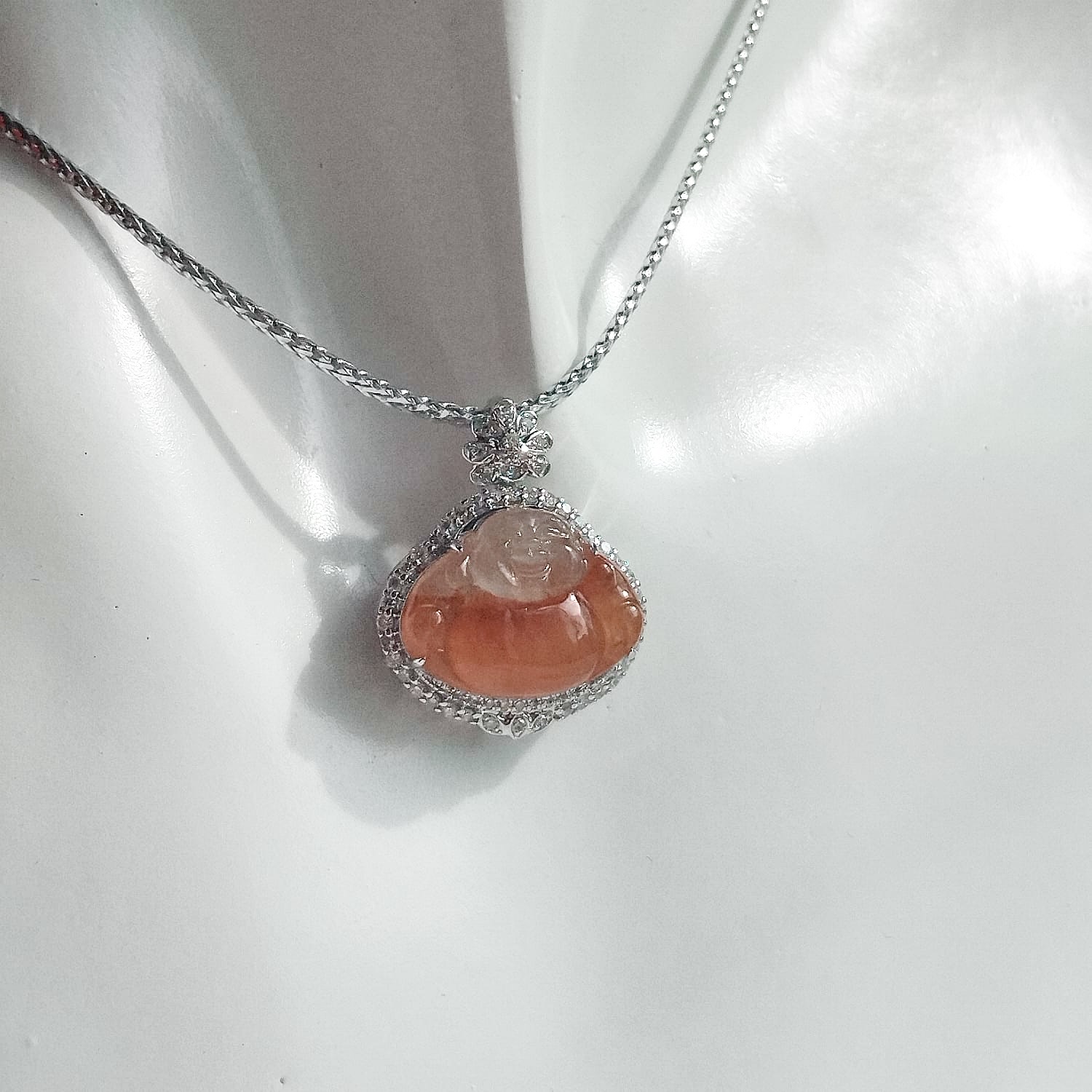 18K White Gold Fanta Orange Laughing Buddha Jade Pendant (PJA01052)