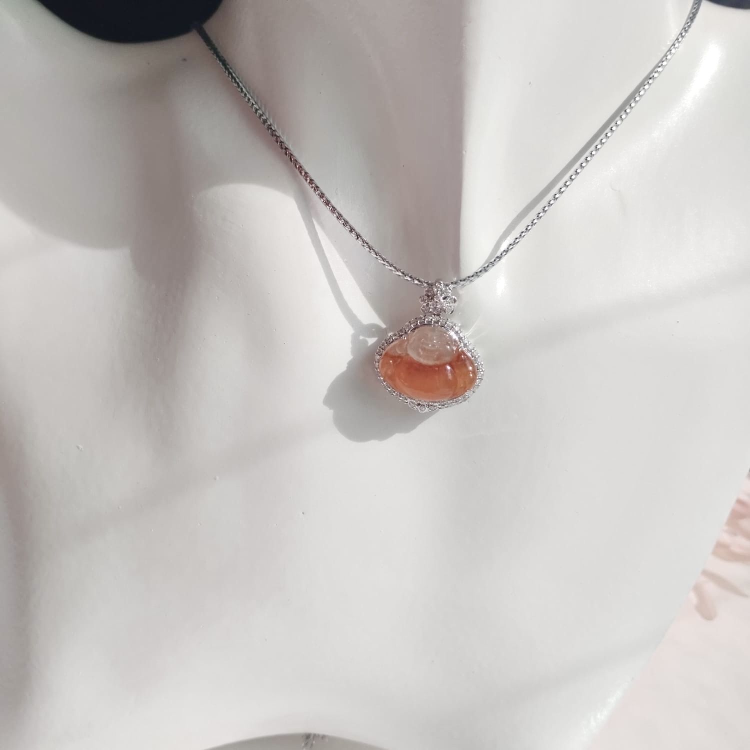 18K White Gold Fanta Orange Laughing Buddha Jade Pendant (PJA01052)