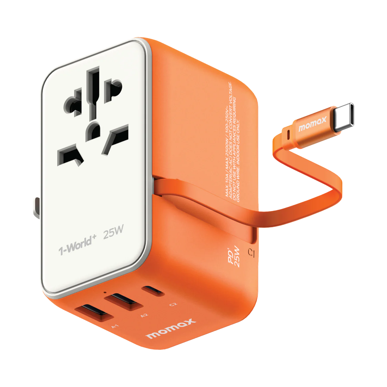 1-World+ 3-Port Travel Charger Built-In USB-C Cable 25W