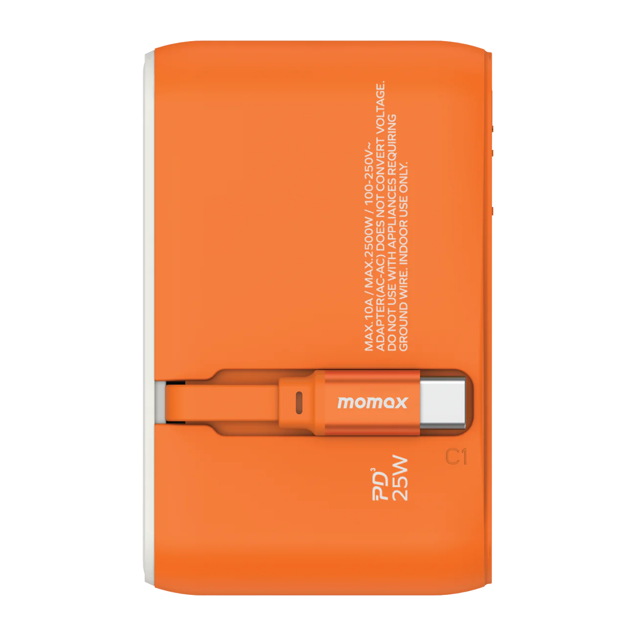 1-World+ 3-Port Travel Charger Built-In USB-C Cable 25W