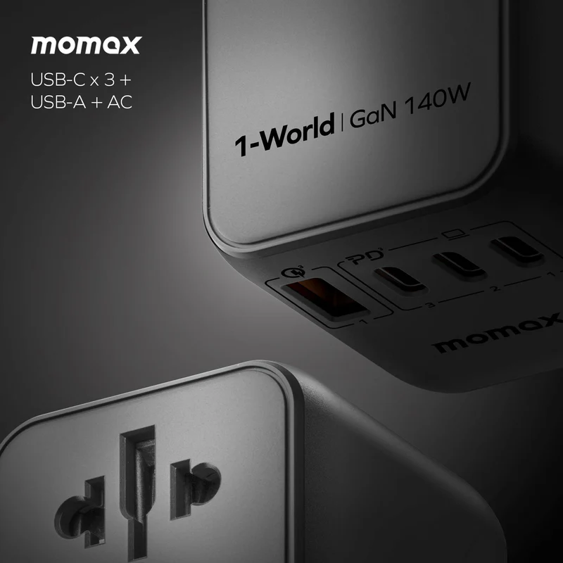 1-World 140W 4-Port + AC Travel Adaptor, with 140W USB-C cable