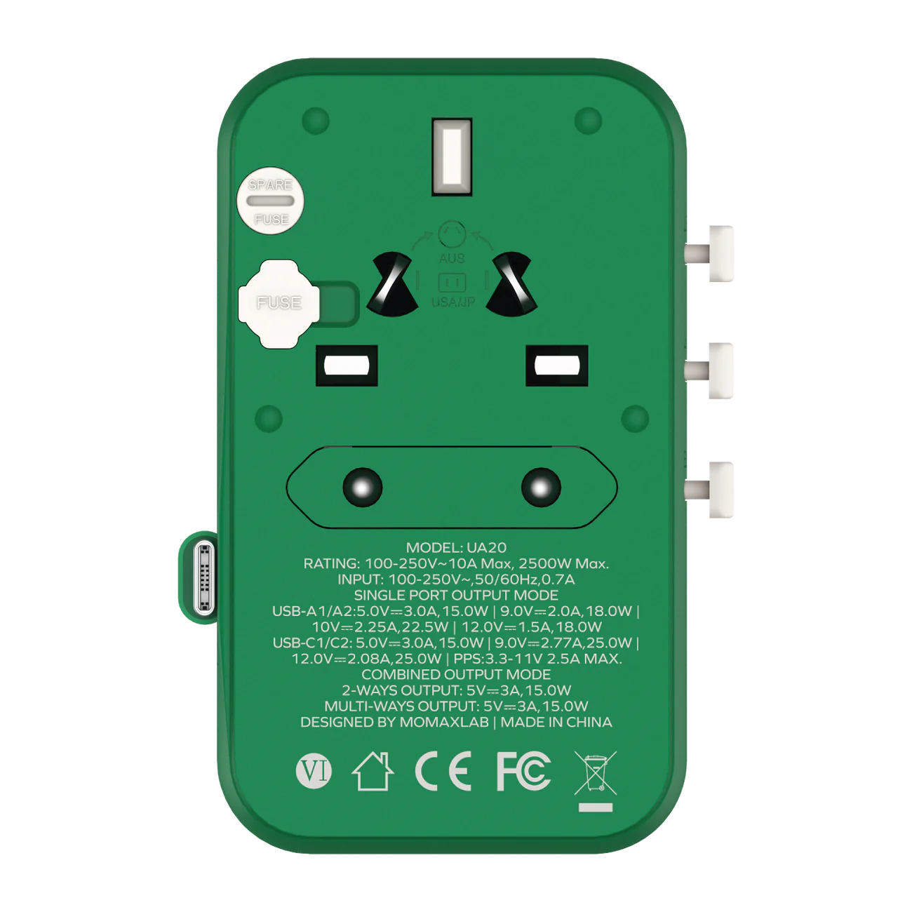 1-World+ 3-Port Travel Charger Built-In USB-C Cable 25W