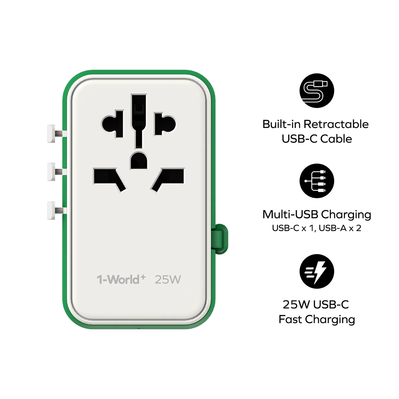 1-World+ 3-Port Travel Charger Built-In USB-C Cable 25W