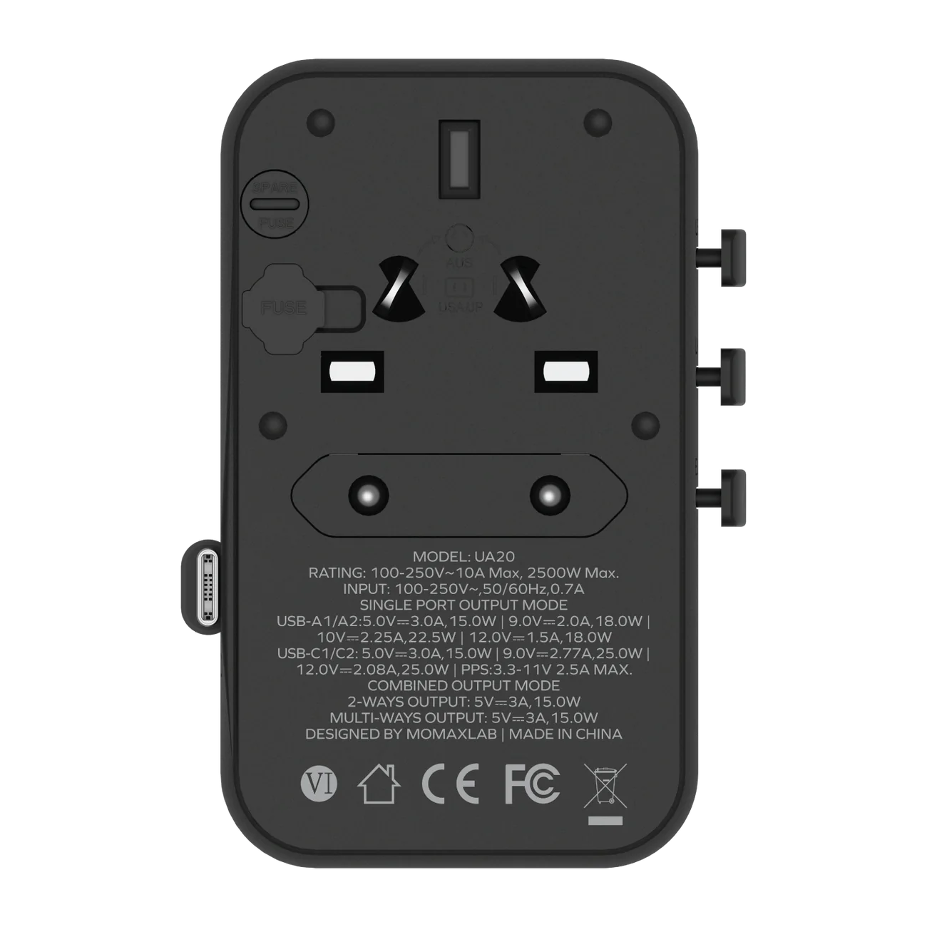 1-World+ 3-Port Travel Charger Built-In USB-C Cable 25W