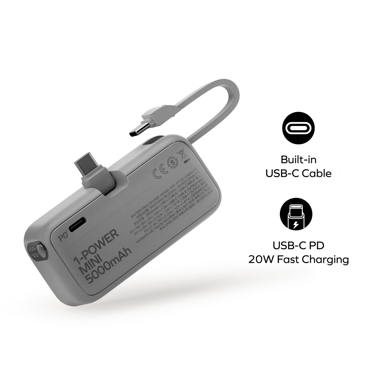 1-Power Mini 5000mAh built-in foldable Lightning power bank