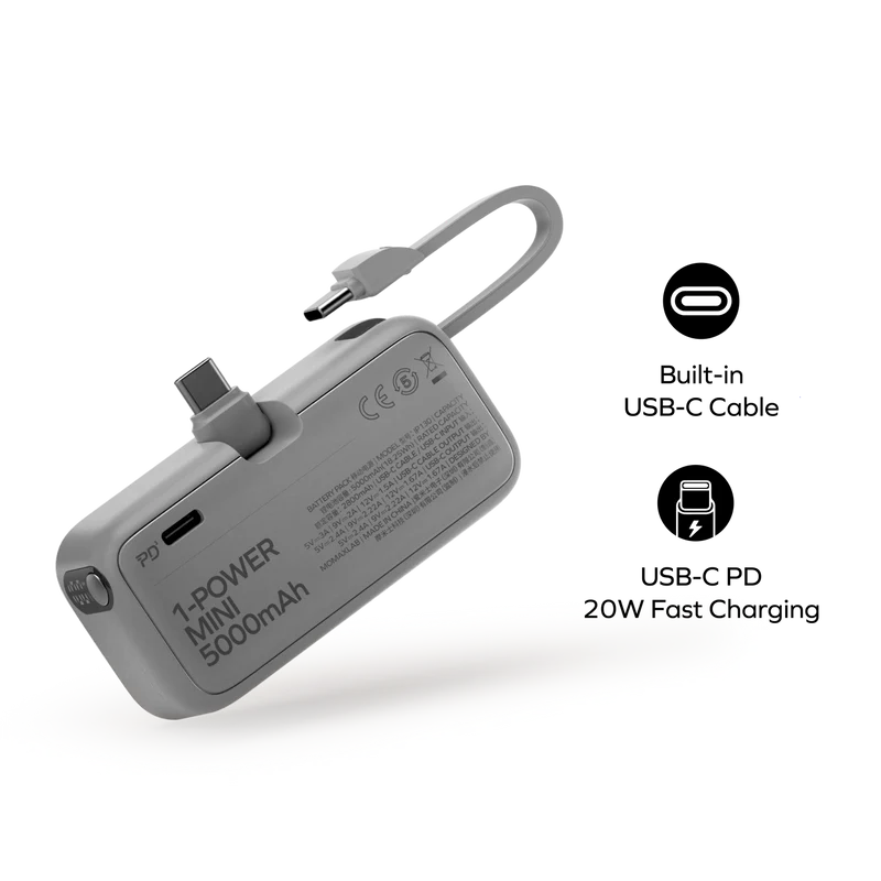 1-Power Mini 5000mAh Bulit-in foldable USB-C Connector Battery Pack