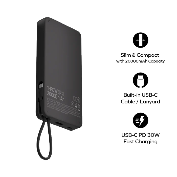1-Power X1 Battery Pack (20,000mAh) with Built-in USB-C Cable