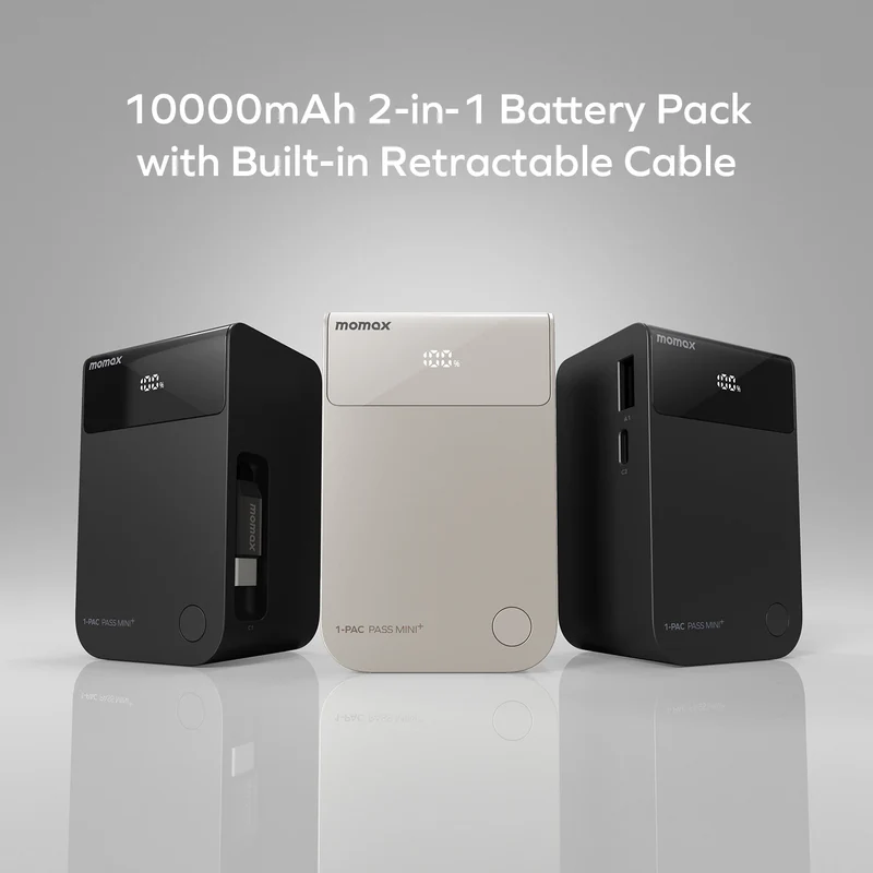 1-Pac Pass Mini⁺ 10000mAh 2in1 Battery Pack with Built-in Retractable Cable