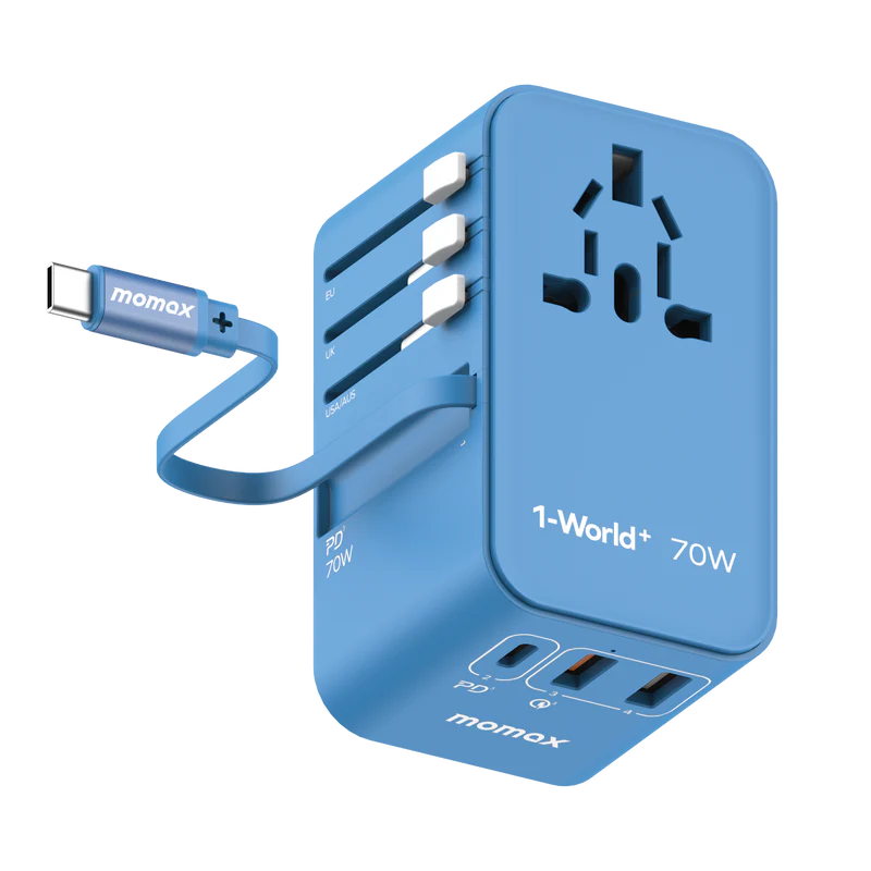 1-World+ 70W GaN 3-Port w /Built-in USB-C Cable + AC Travel Adaptor