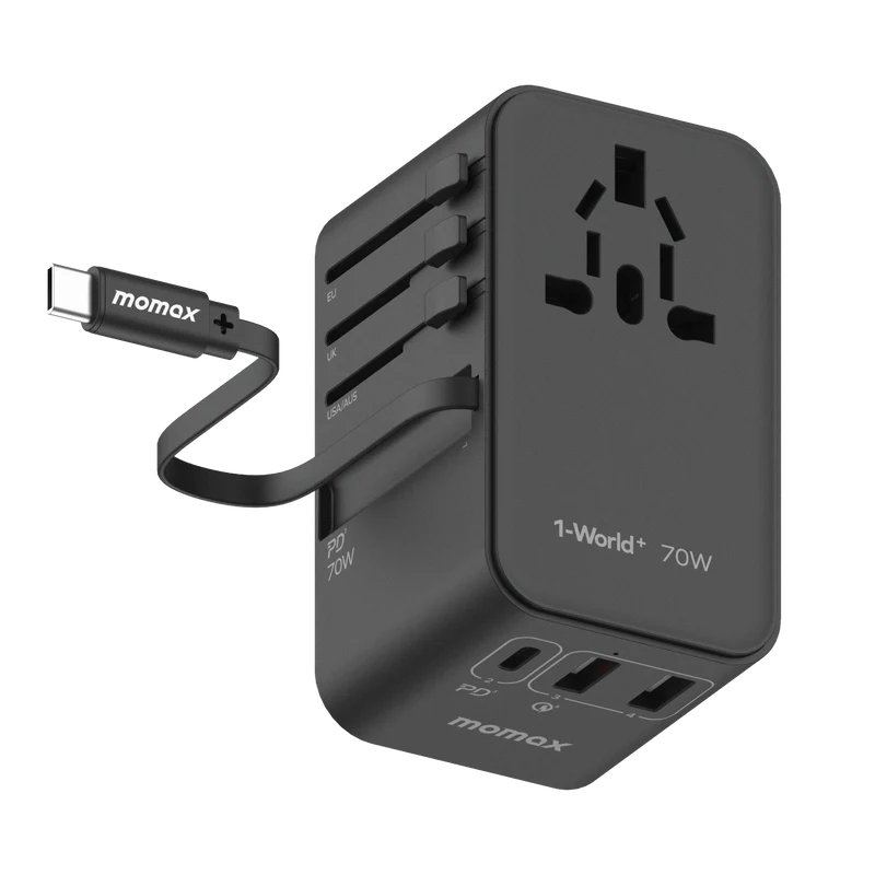 1-World+ 70W GaN 3-Port w /Built-in USB-C Cable + AC Travel Adaptor